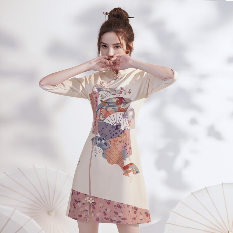 Oriental Chinese Style Female Cheongsam Split Dress Printed Women Improved Qipao