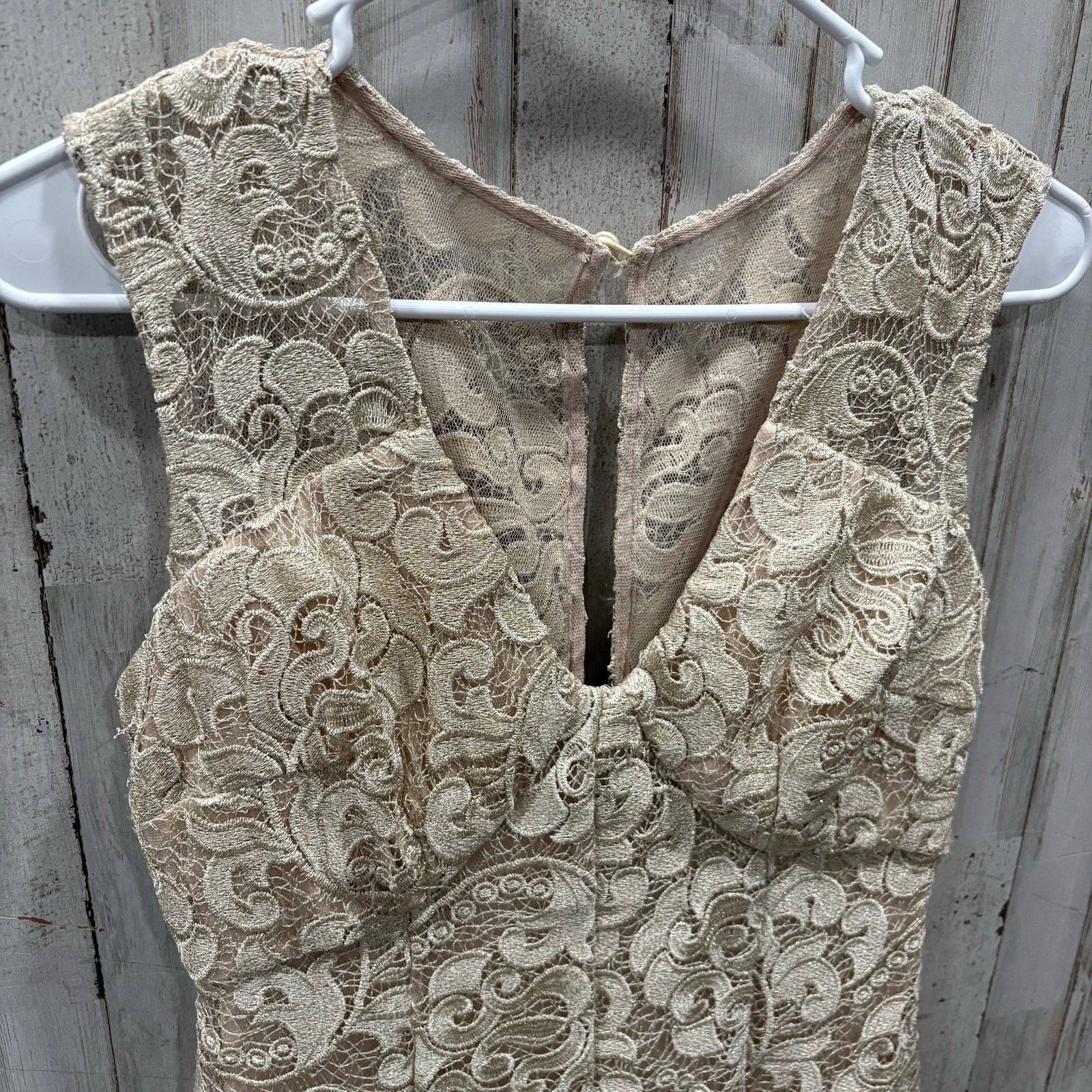 Aidan Mattox Champagne V Neck Lace Mid Slit Dress Maxi Formal Wedding Guest 4