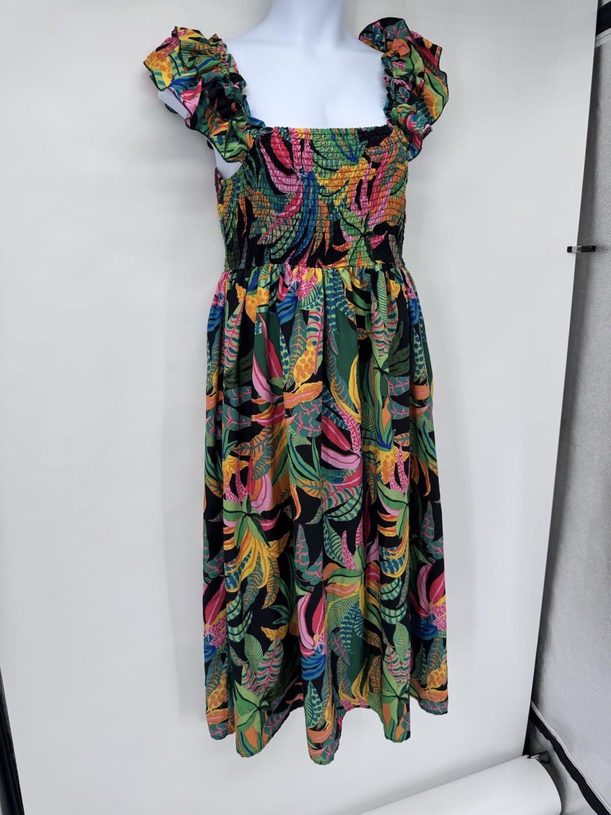 Multicolor Smocked Ruffle Maxi Dress Tropical Beach Vacation resort ptp 26in 2X