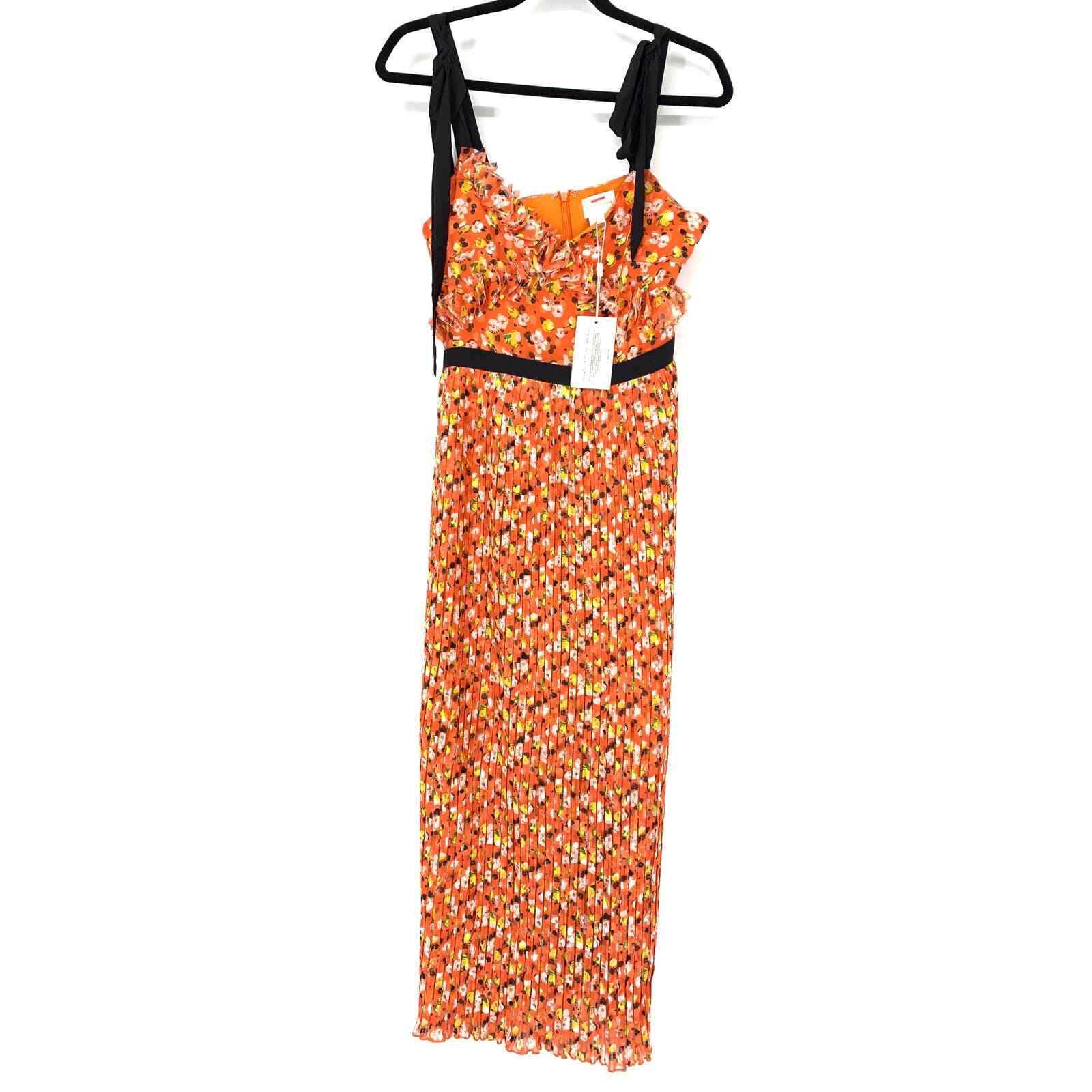 Foxiedox Women’s Size S Floral Tie Strap Ruffle Pleated Midi Dress Orange NWT