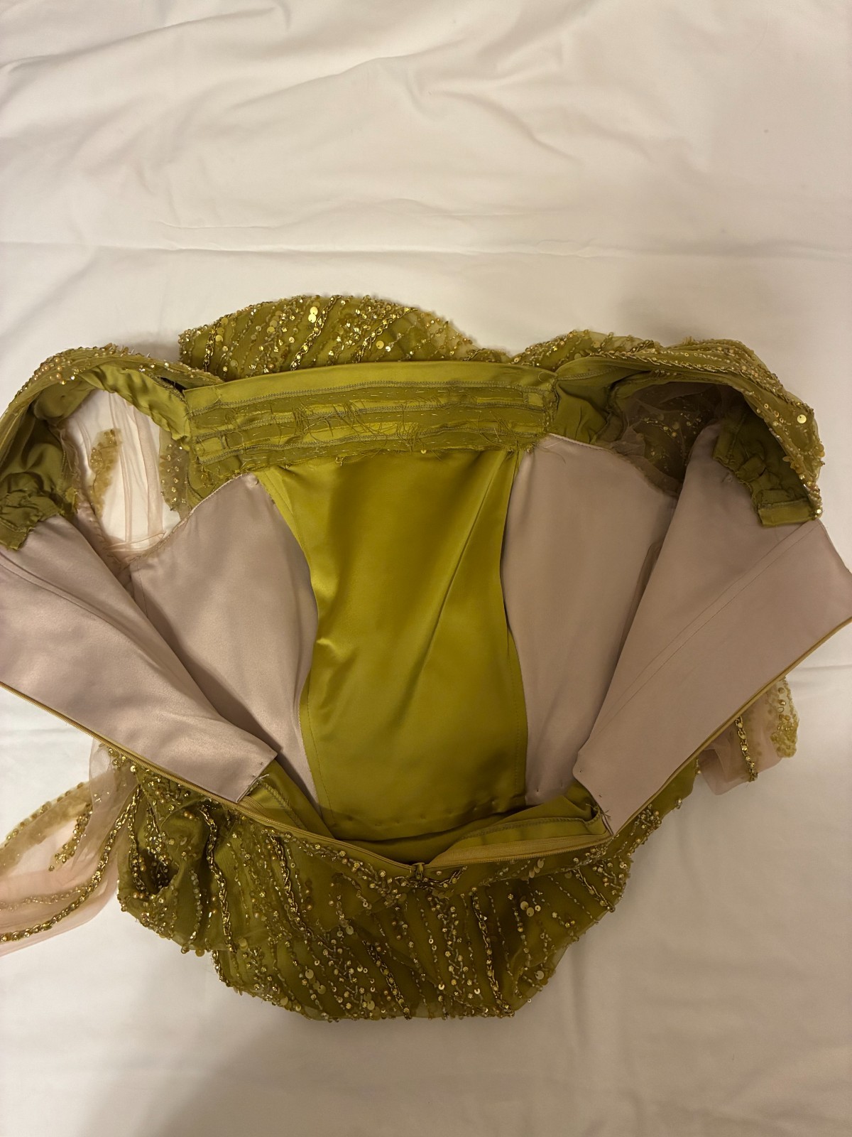 Olive Green Gold Beaded Sequin Evening Gown Sz M 6 Formal Maxi Dress Custom Made