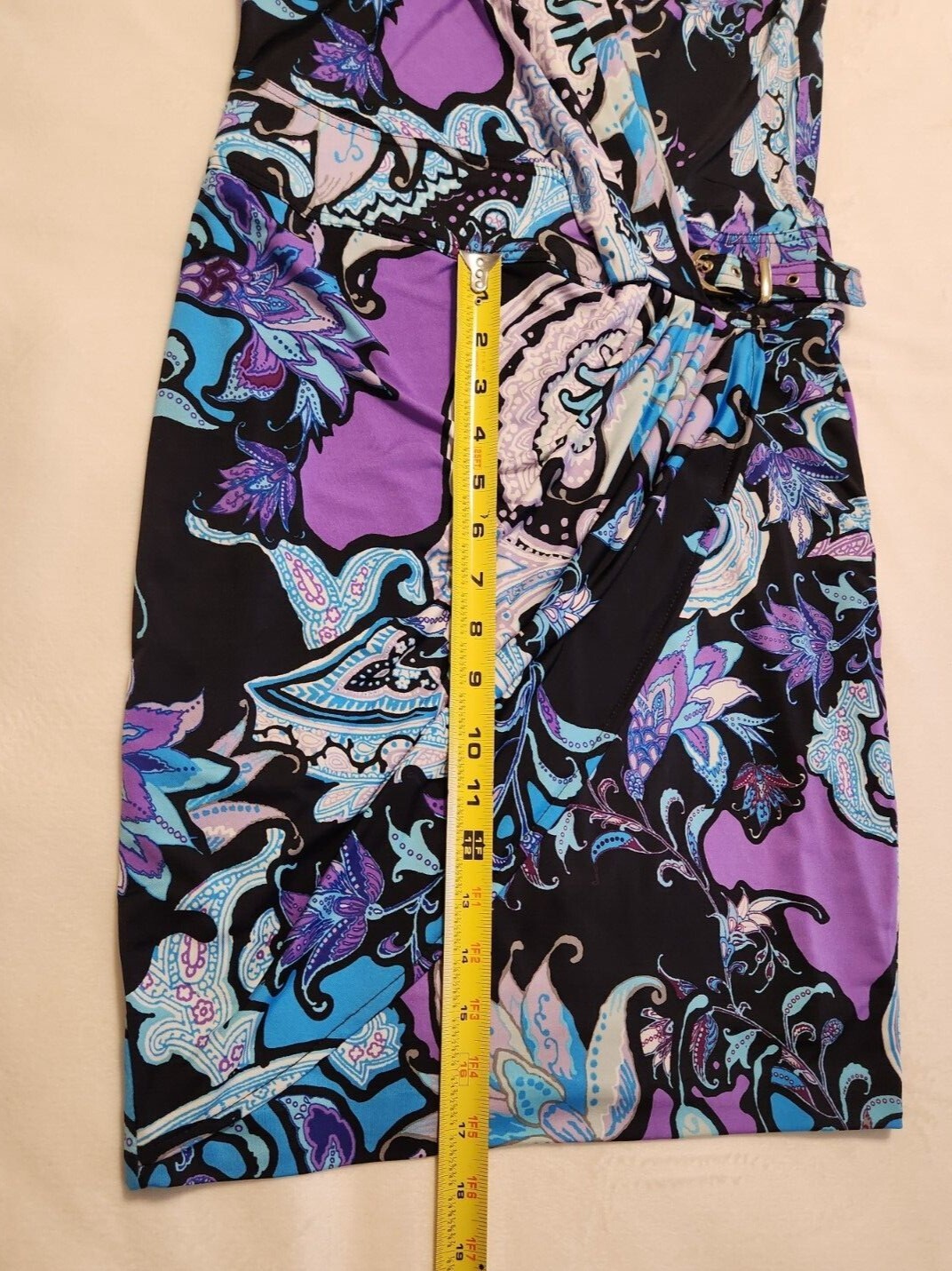 Cach’e Dress Sz-2 Blue Purple Paisley Floral w/Gold Accents Sexy Wrap Hip Buckle