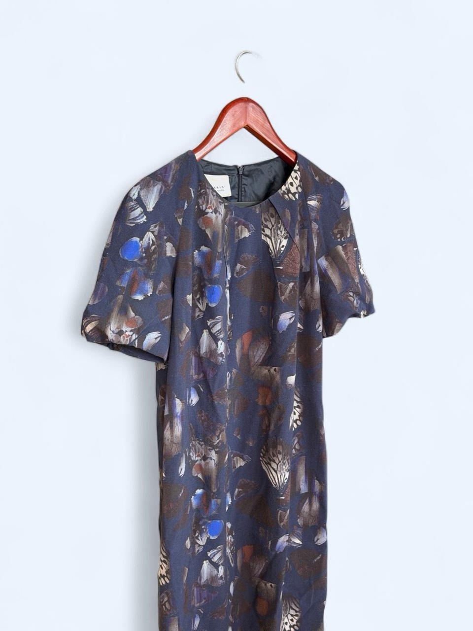 Akris punto Blue Brown Abstract Shift Dress 8 Pleated Lined Short Sleeve Wool