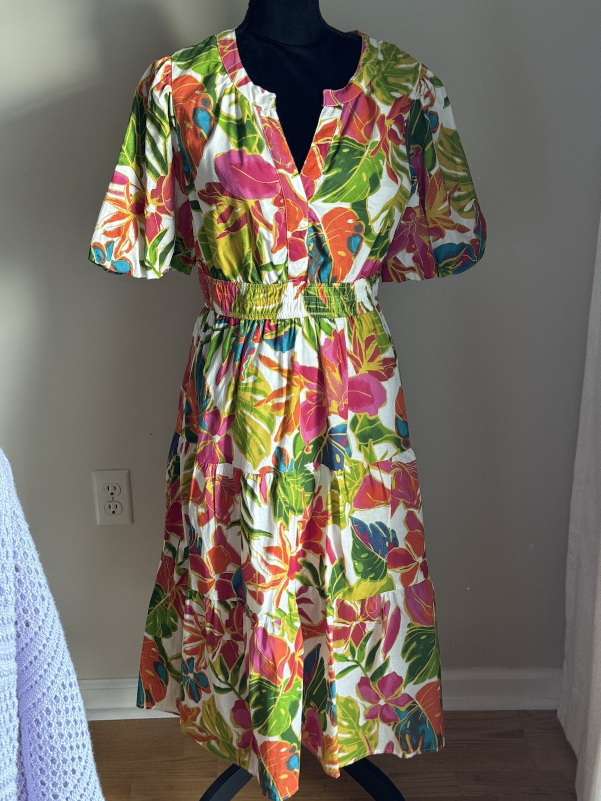 Ladies Harlow & Rose 100% Cotton Fit& Flare Lined Dress Floral L Stretch Waist