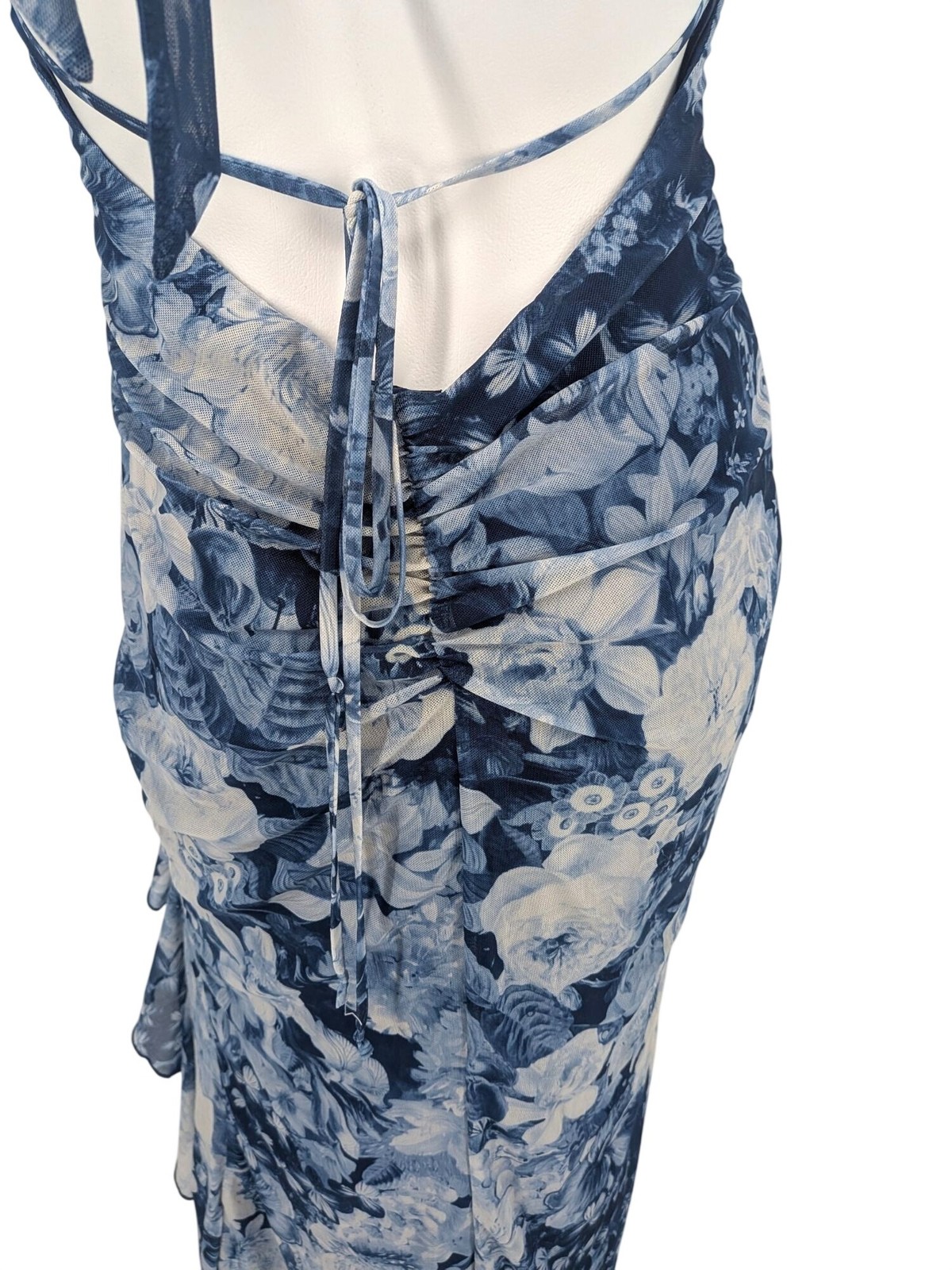 Floral Mesh Halter Midi Dress Open Back Ruched Side Slit Ruffle Cocktail Medium