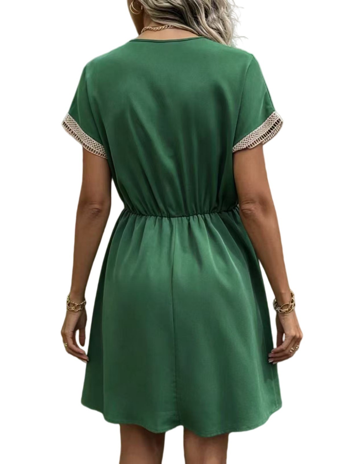 V Neck Lace Summer DRESS SOLID Short Sleeve SWEET A Line Party Sundress S-3XL
