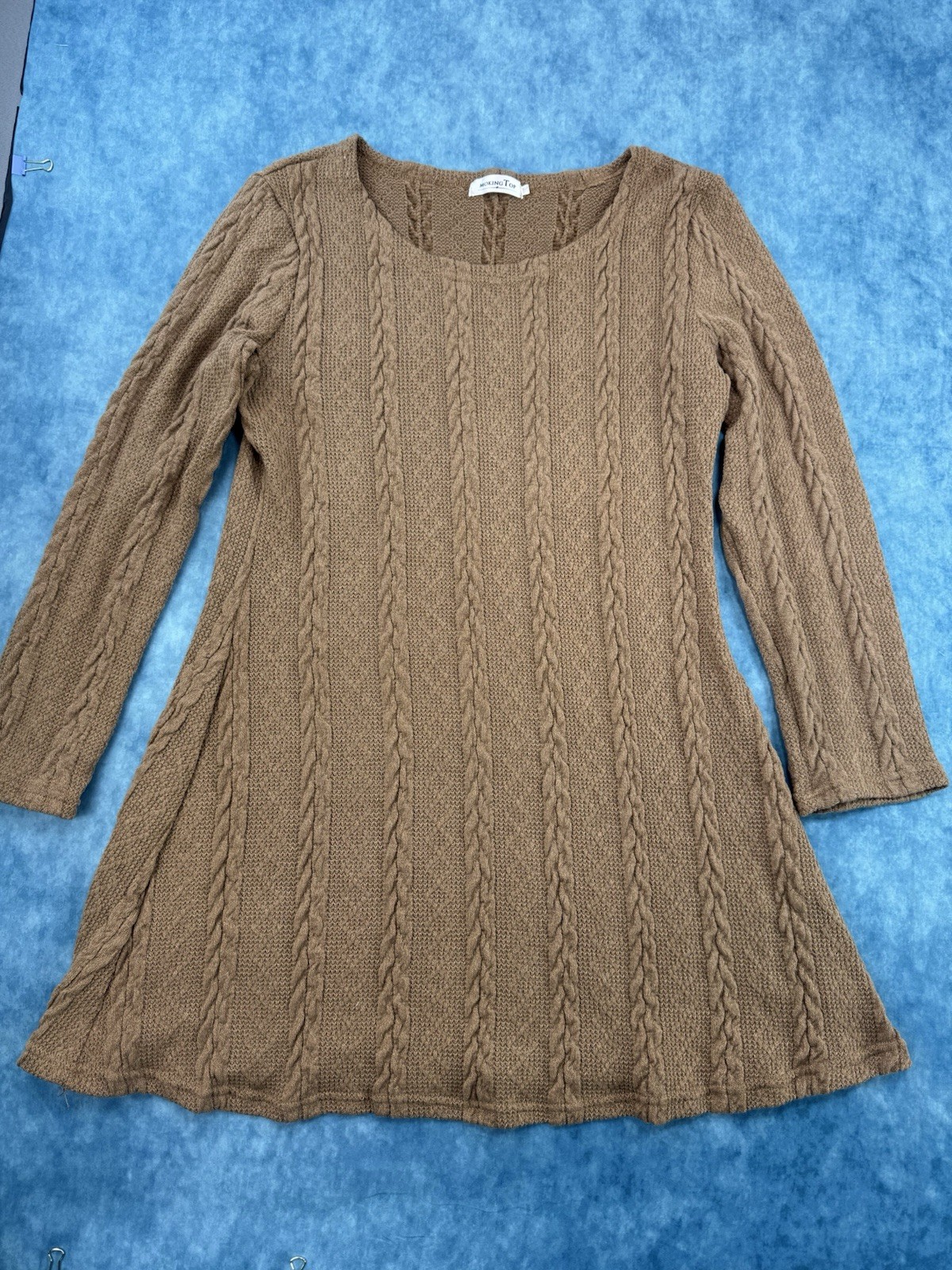 Moking Top Brown Cable Knit Sweater Dress Size 3XL Boho A-Line Long Sleeve