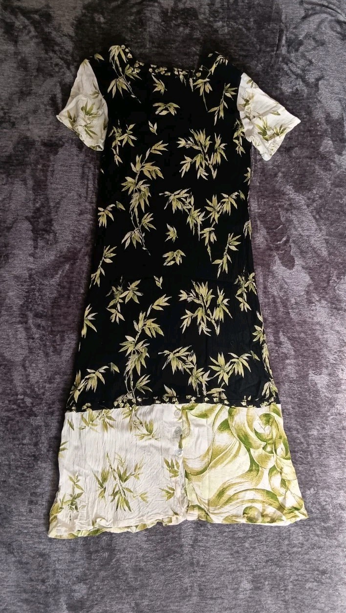 Vintage CASUAL STUDIO Black/GreenFloral Linen Dress Square Neck Short Sleeve M