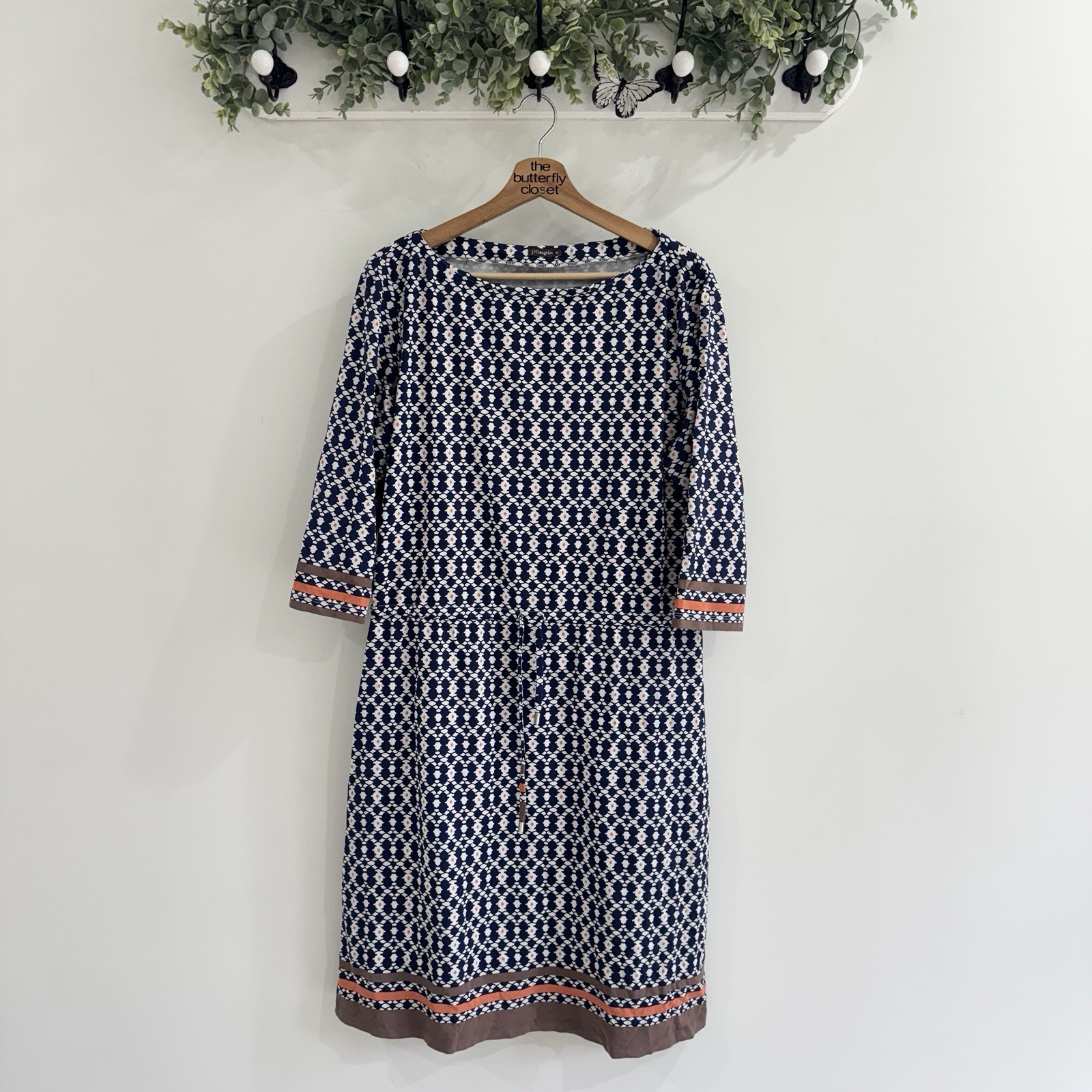 J. McLaughlin Catalina Cloth Blue Geometric Cinched Dress Elbow Sleeve XL HH46