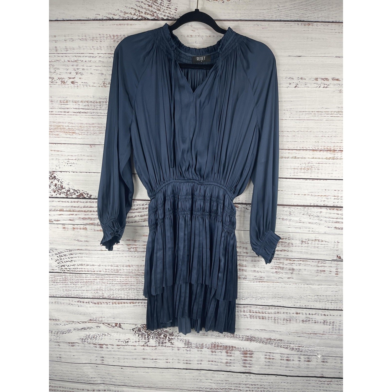 Reset Dress Women’s SZ S Blue Long Sleeve Pleated Smocked Waist Mini Boho Style