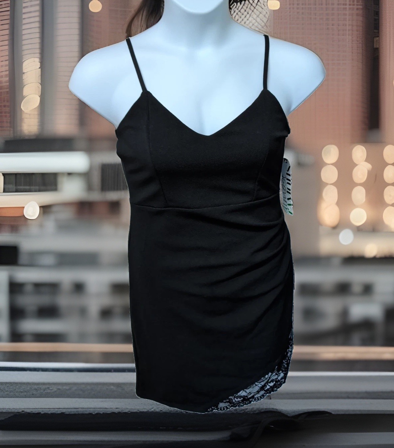 NWT Almost Famous Juniors’ Little Black Dress Straps Knee Length Lace Hem Sz L