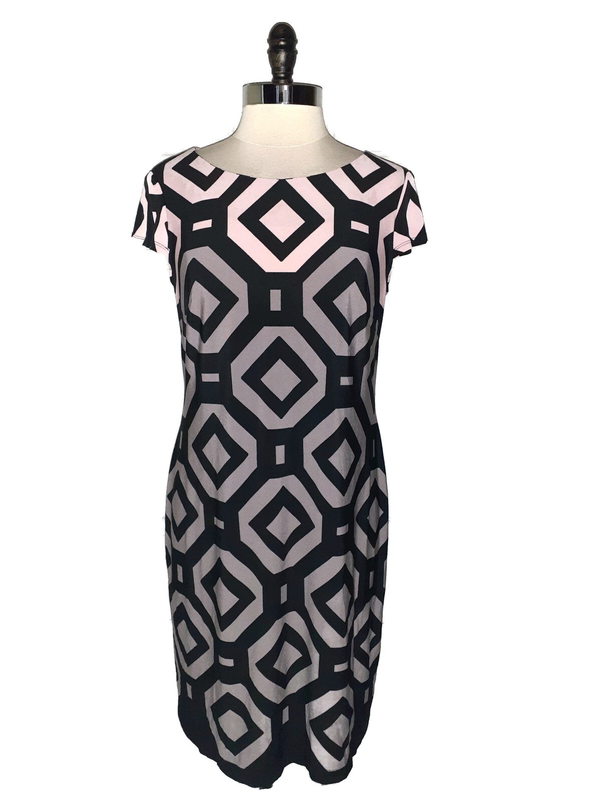 CONNECTED Size 12 Shift Dress Black Pink Grey Cap Sleeve Knee Length Stretch