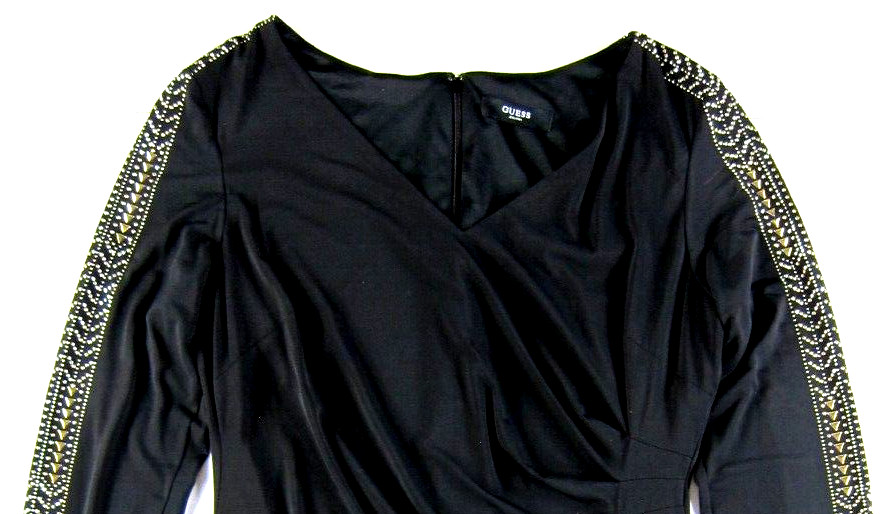 GUESS Black Stretch Ruche Silver Studded Beaded VNeck Long Sleeve Sheath Dress L
