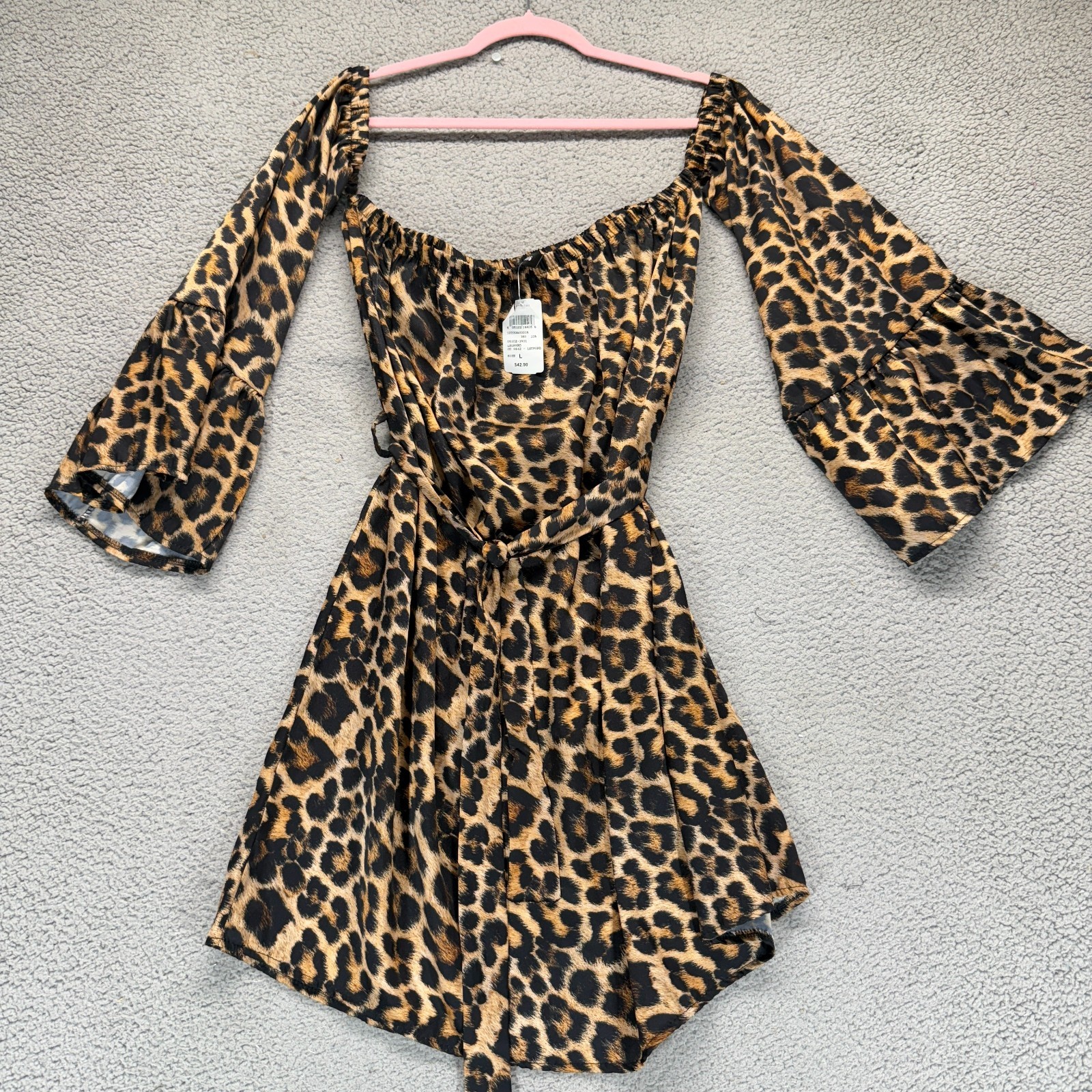 NWT Venti6 Brown Black Leopard Print Size L Boho Chic Bell Sleeve Party Dress