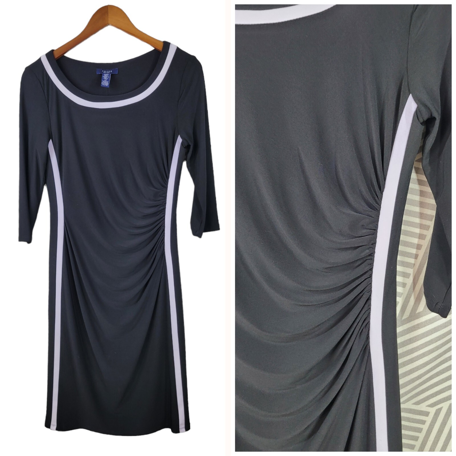 Chaps Size Medium Dress party stretch Ruched Waist slinky Ralph Lauren black