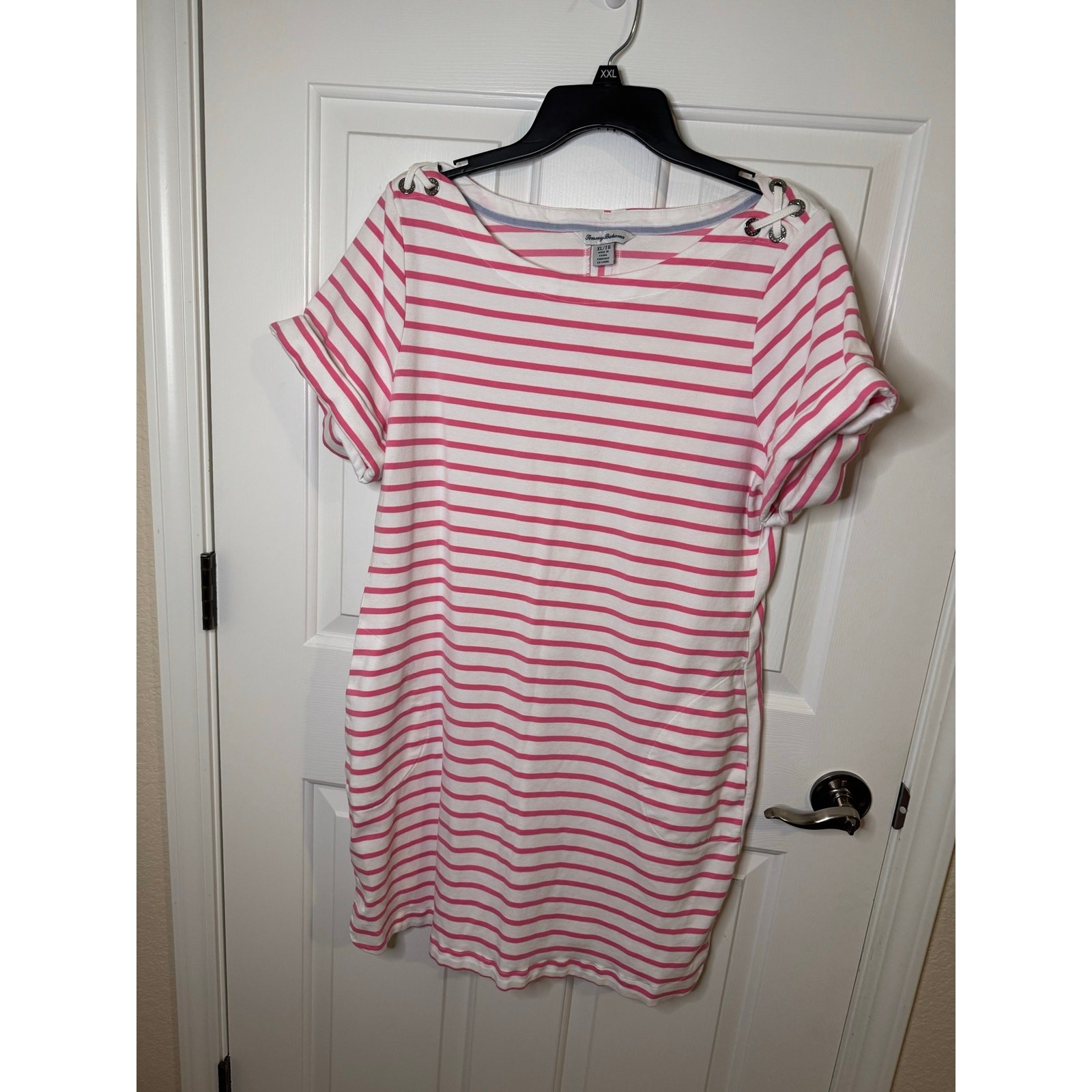Tommy Bahama Stripe Short Sleeve Dress T-shirt Pink White Nautical XL