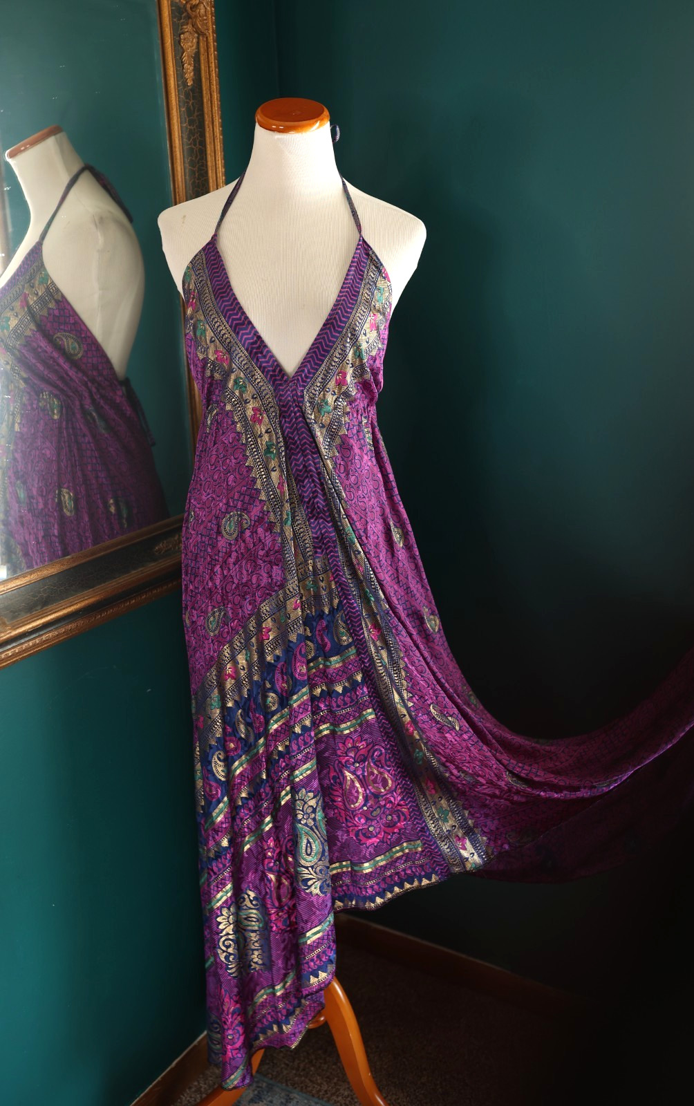 Satin Maxi Halter Backless Flowy Dress Festival Boho Colorful Fairy Gypsy Beachy