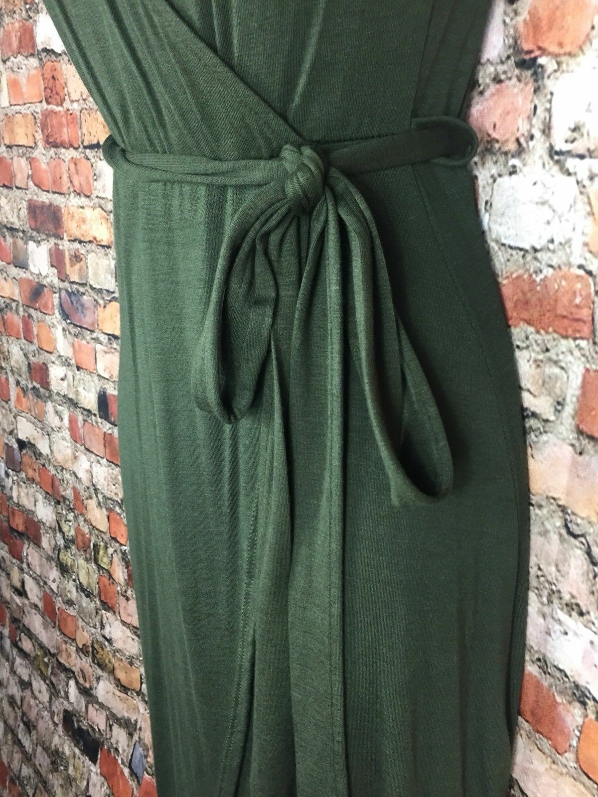 Poetry Asymmetrical Mini Wrap Dress Olive Green Stretch Soft V Neck Vintage New