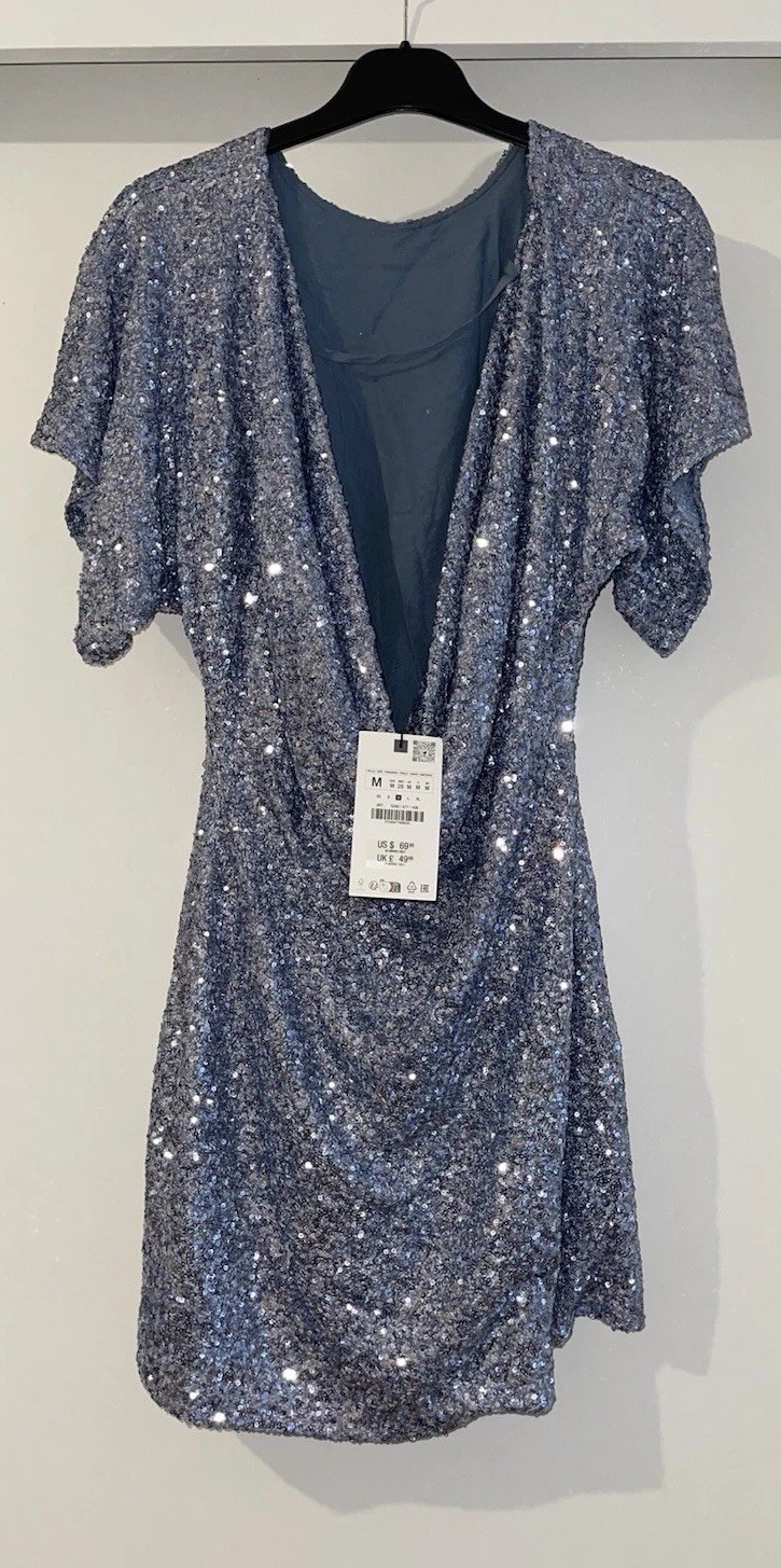 ZARA BLUE GREY SEQUINNED MINI DRESS WITH FLOWING AT BACK NECKLINE SIZE M BNWT