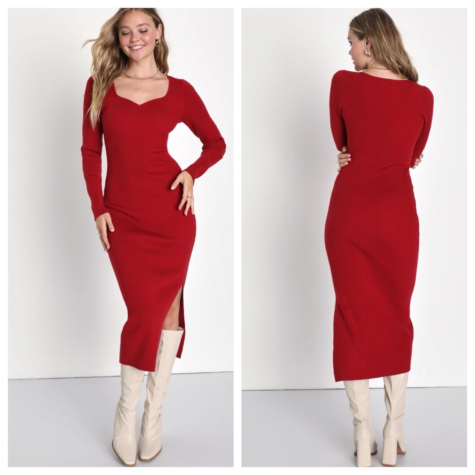 Lulus Darling Red Ribbed Stretch Knit Bodycon Midi Sweater Dress M Medium Casual