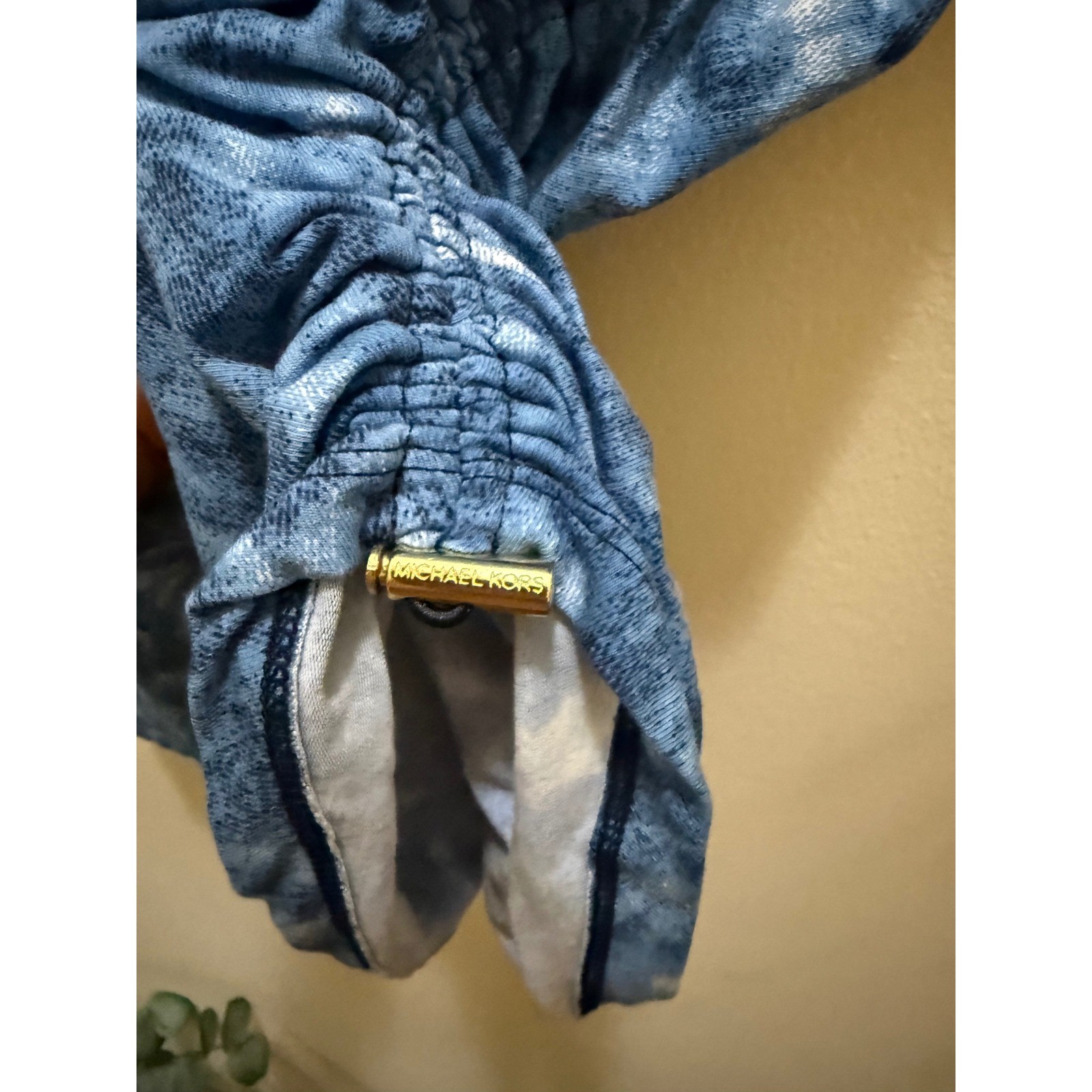 Michael Kors Sun Waves Ruched Bodycon Midi Dress Blue Tie Dye Stretch – S