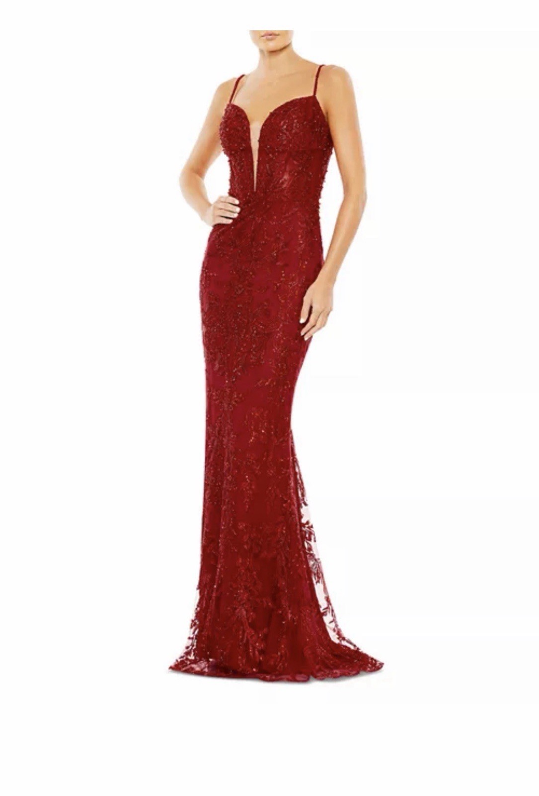 MAC DUGGAL 20330 Red Embellished Plunge Neck Illusion Mermaid Gown Size 6