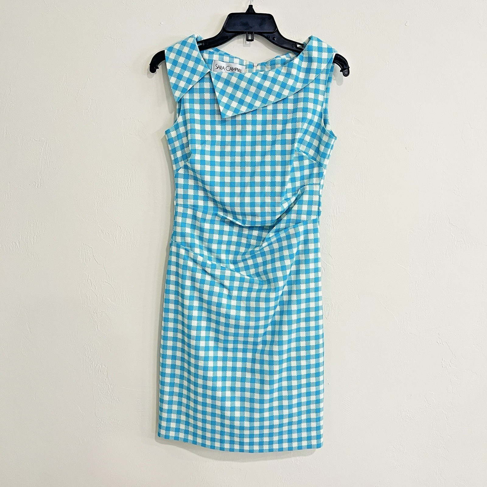 Sara Campbell Cotton Gingham Plaid Boatneck Dress Blue Sz 2 Retro Garden Preppy