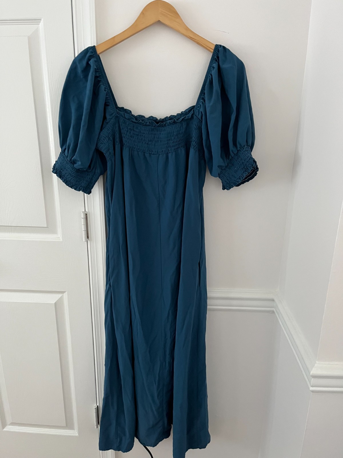 KIRUNDO Womens Viscose Midi Dress XL Smocked Puff Sleeve Square Neck Blue NWOT