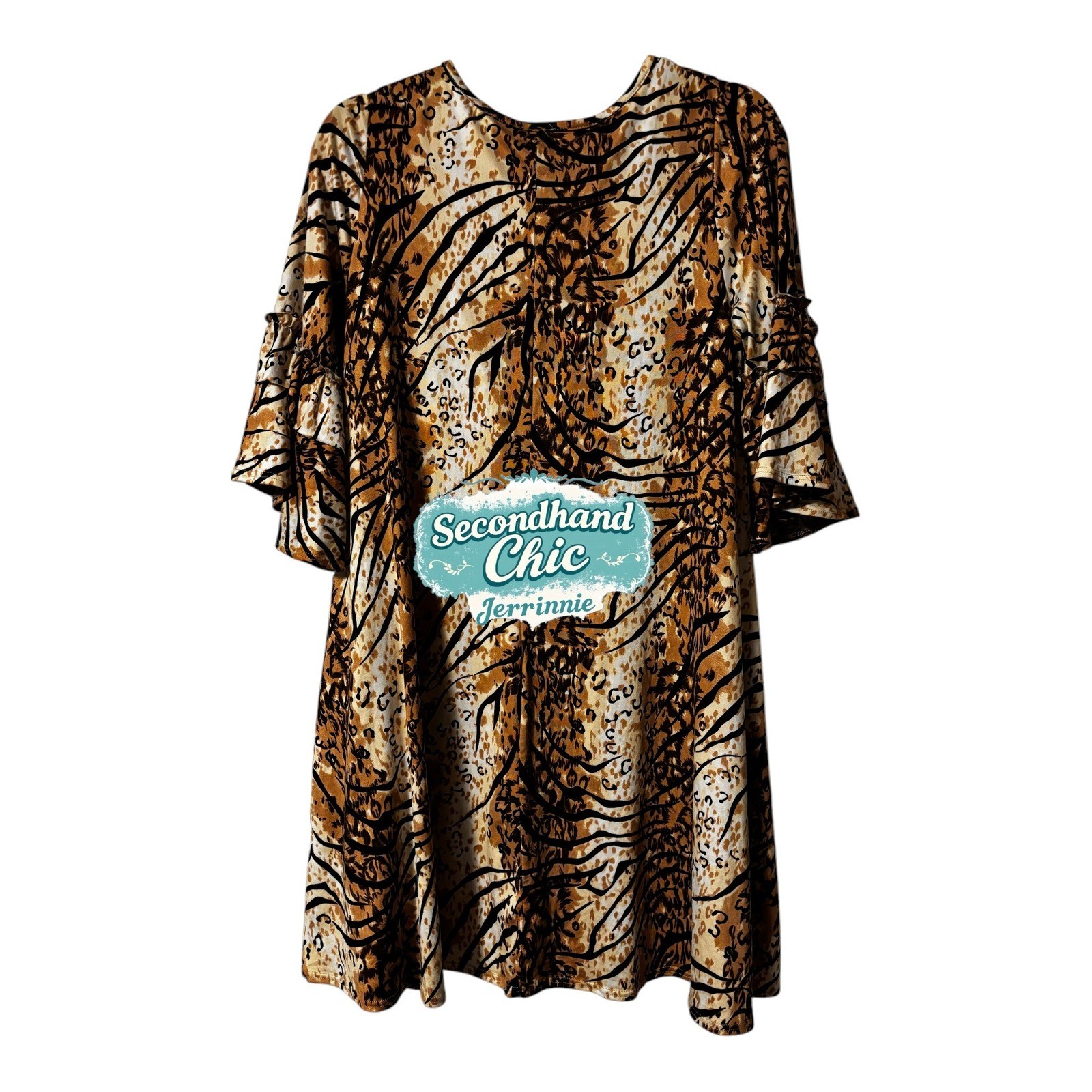 Animal Print Ruffle Bell Sleeve V-Neck Tunic Dress with Pockets Brown Tan Large