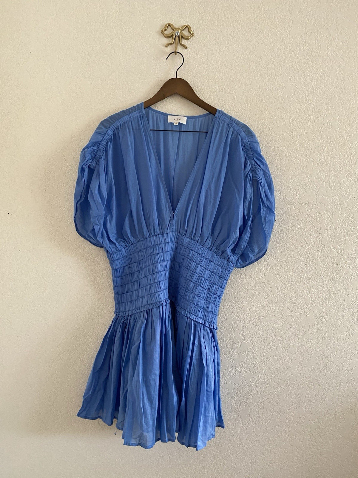 A.L.C. Women’s Luna Mini Dress Blue Smocked Pleated V-Neck Draped Size 14