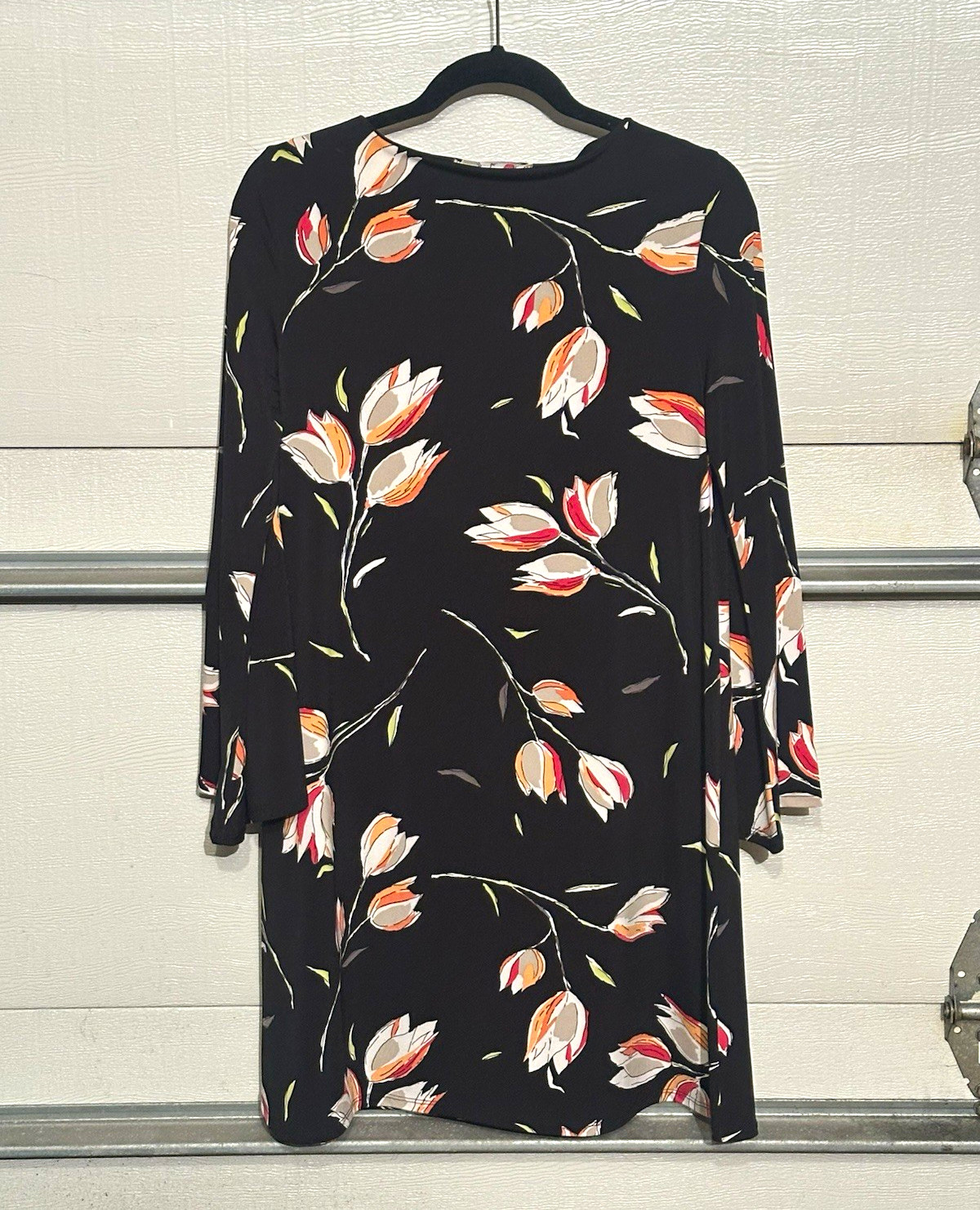 Context Black Floral Flower 3/4 Sleeve Round Neck Shirt Dress Short S/P