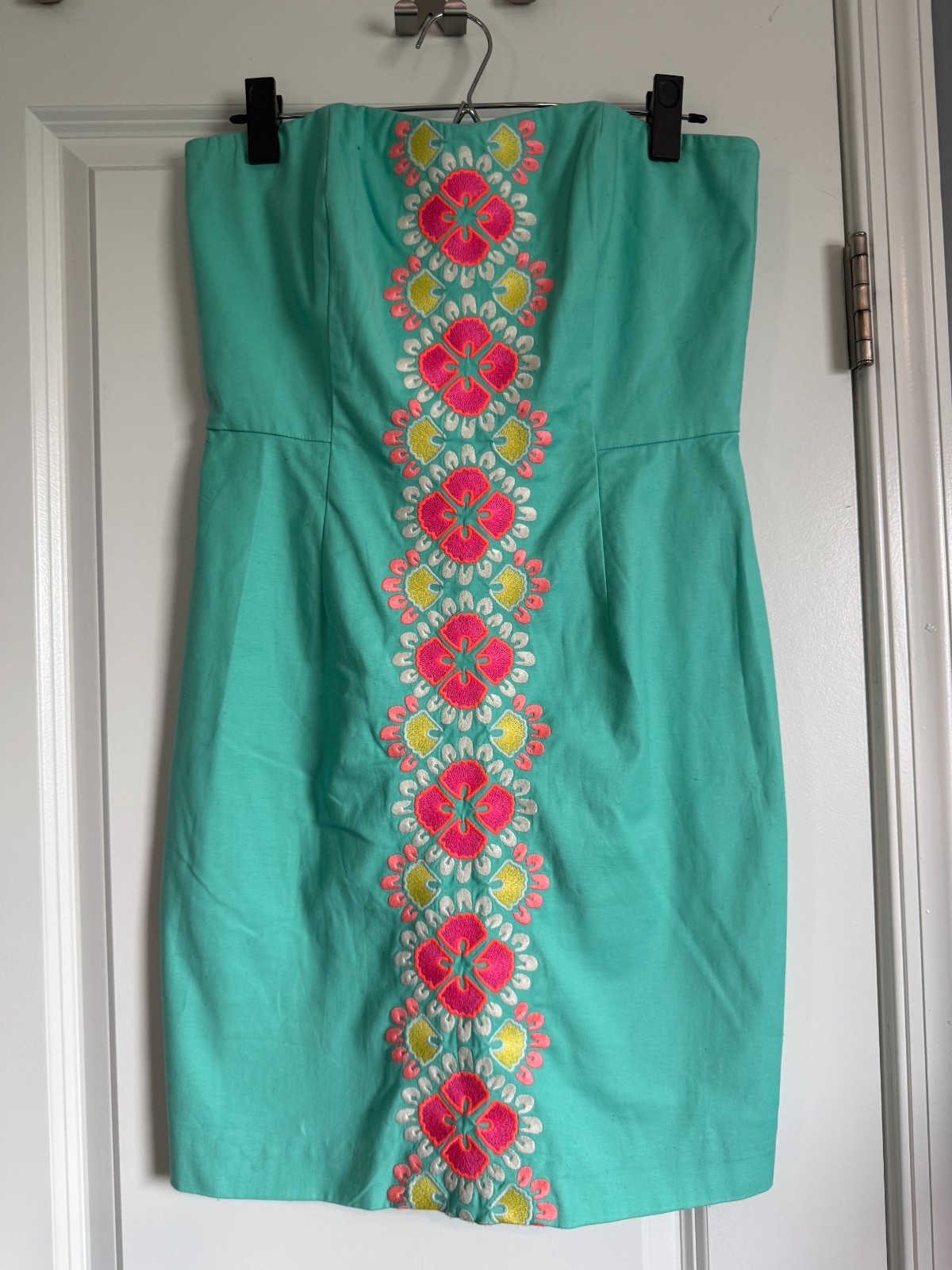 Vineyard Vines Turquoise Green Embroidered Strapless Sheath Dress Size 6 Preppy