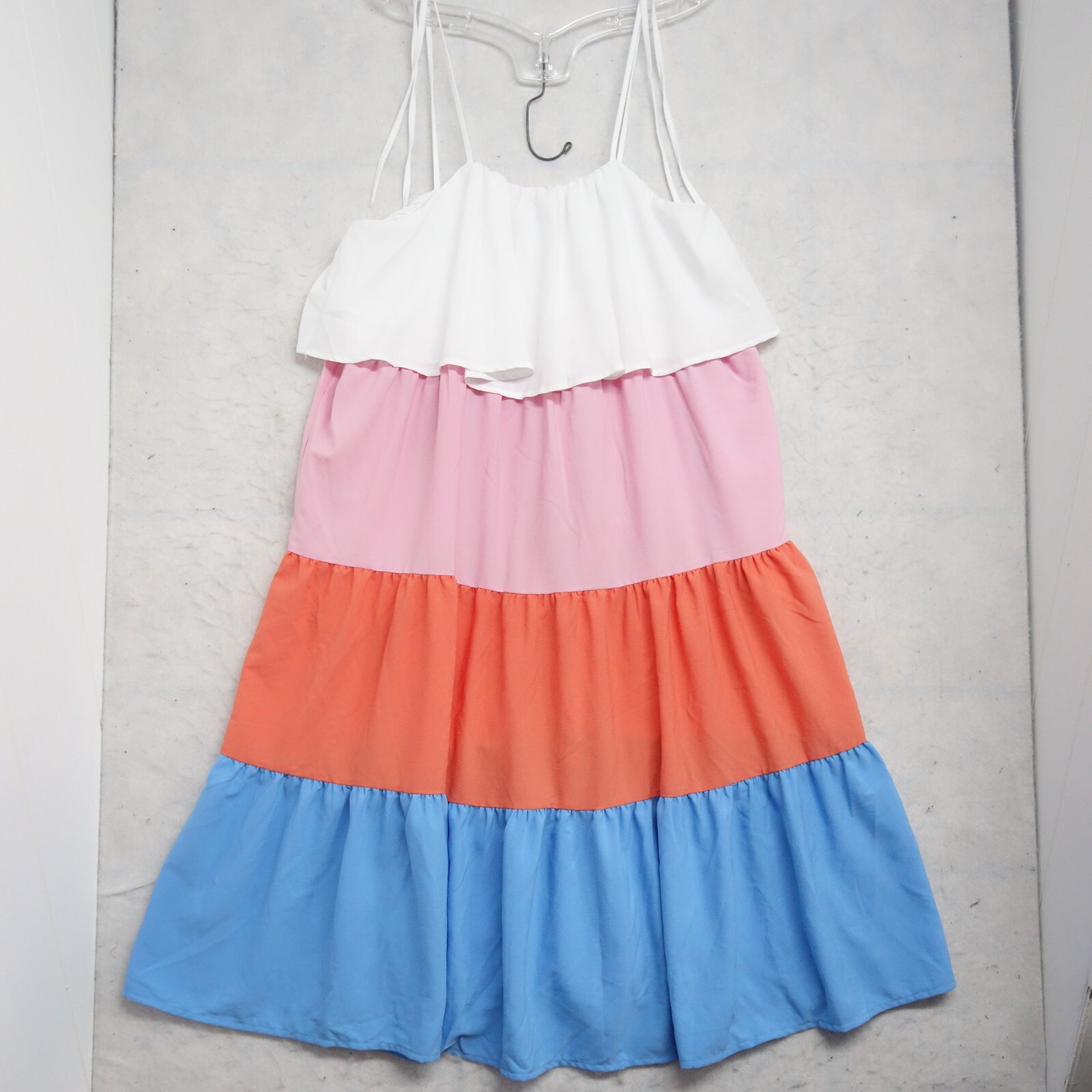 Time And Tru Tiered Dress Womens Large Pink/Blue Colorblock Midi Square Neck