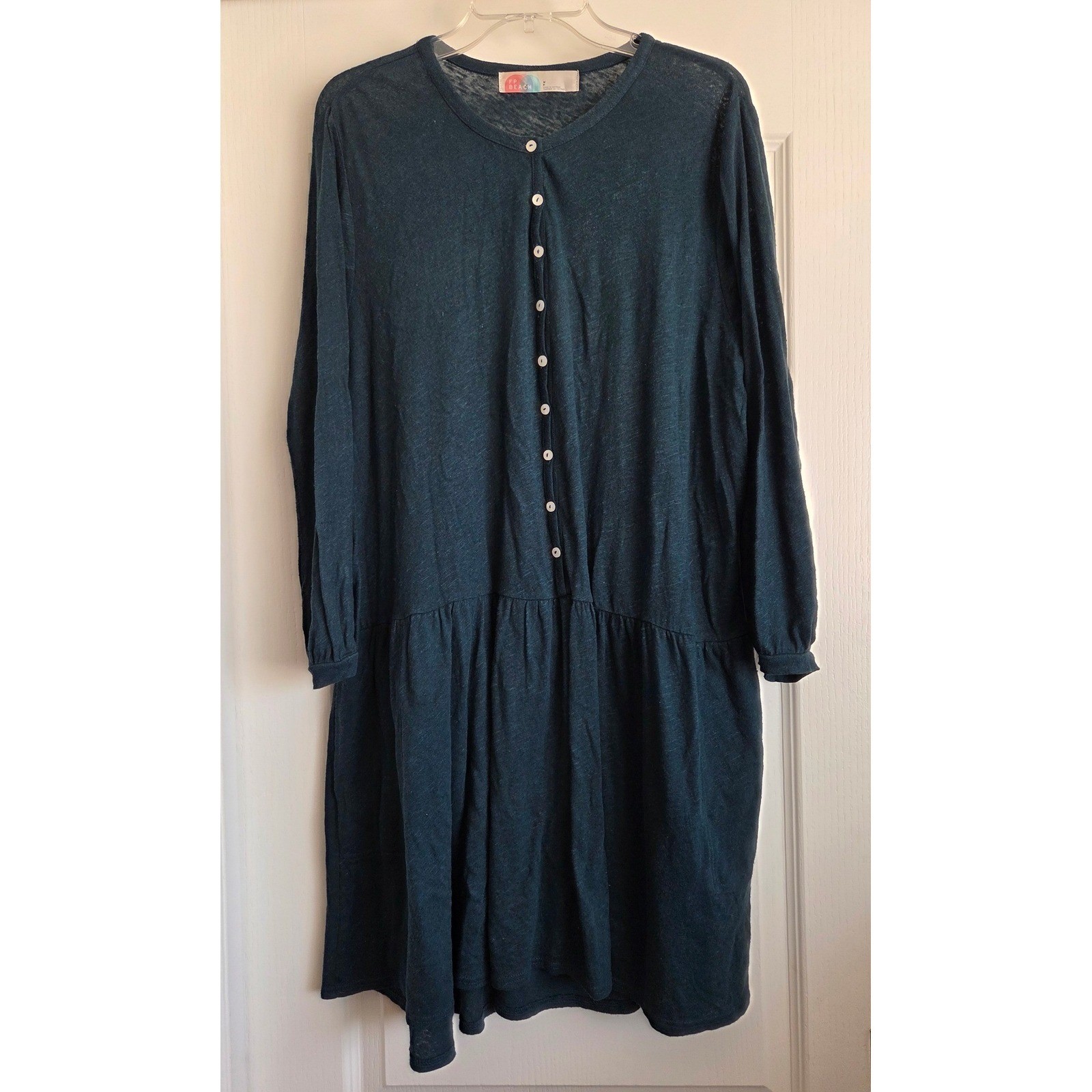 Free People Beach Take Me There Teal Linen Blend Button Tiered Mini Dress Sz S