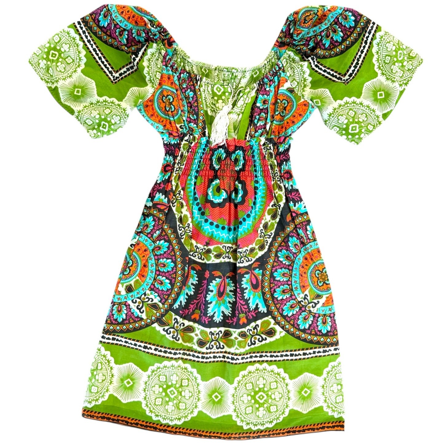 Silk Cotton Off the Shoulder Dress Hippie Print Smocked Dress Size Small Boho