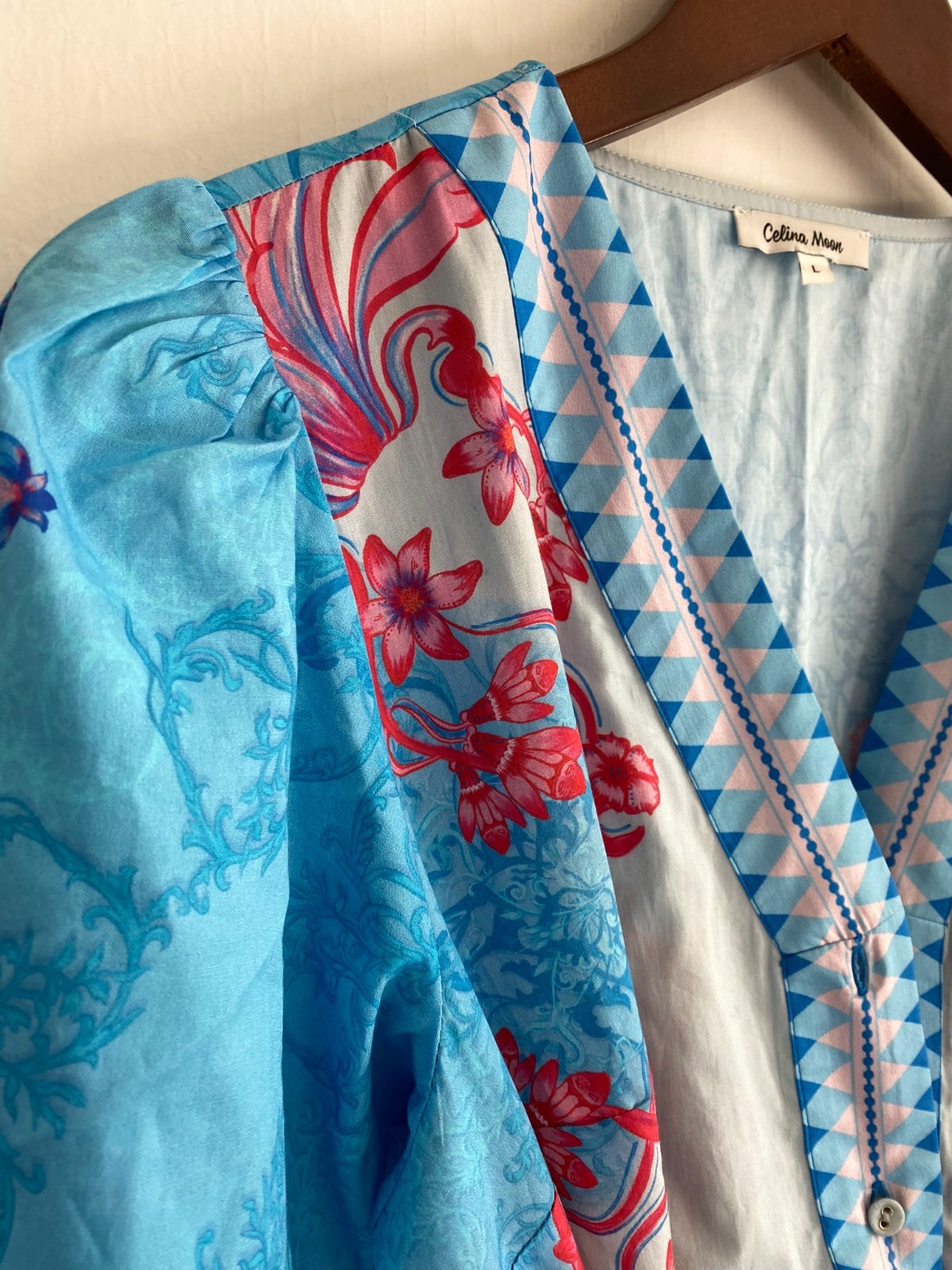 Celina Moon Cotton Floral Maxi Dress Womens Large L Blue Pink Long Sleeve Belted