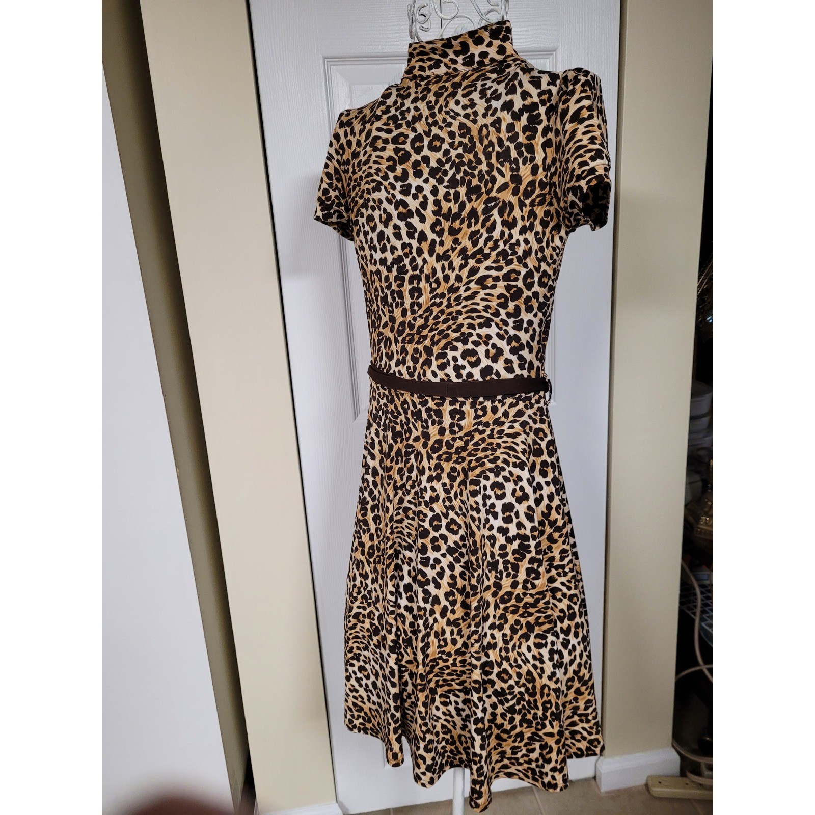 Leopard Print Keyhole Neck Puff Sleeve Belted A-Line Dress BOHO Brown/Tan Size M