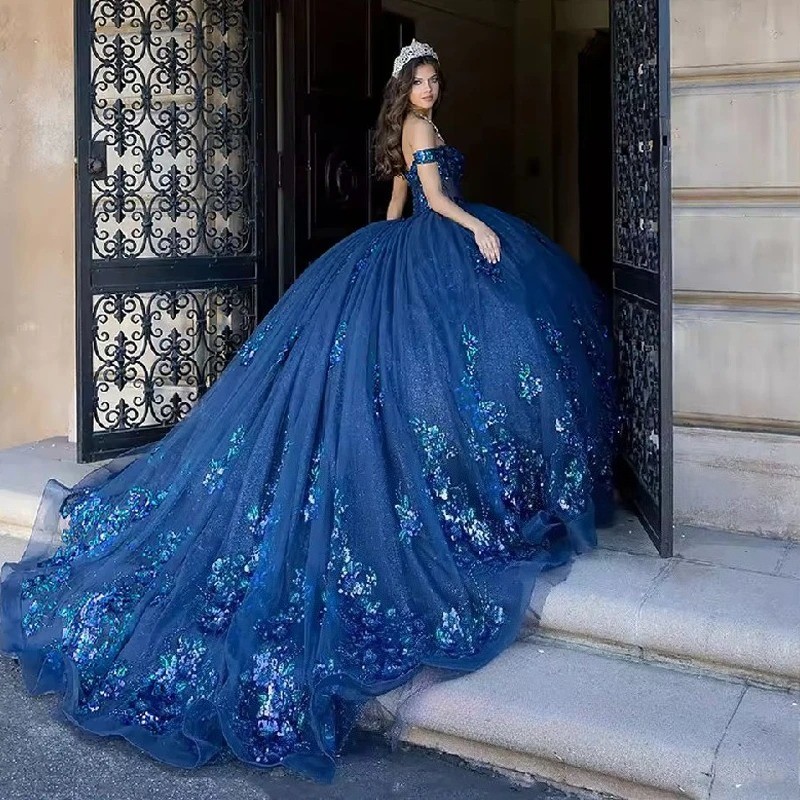 Off Shoulder Navy Glitter Tulle Floral Beaded Quinceanera Sweet15 Gown