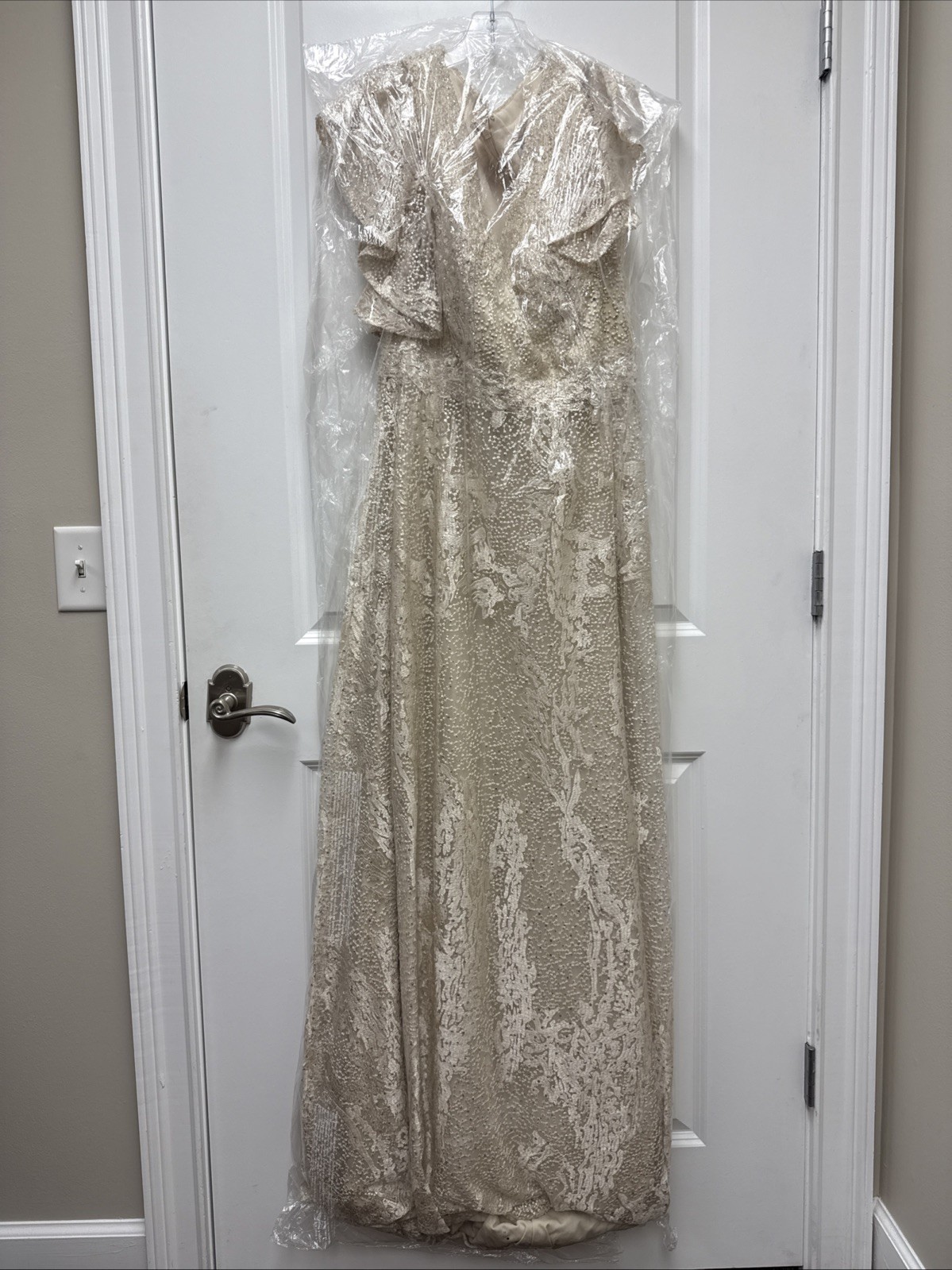 Mac Duggal Size 16 Ivory Nude Embellished Flutter Sleeve Lace A-Line Gown $798