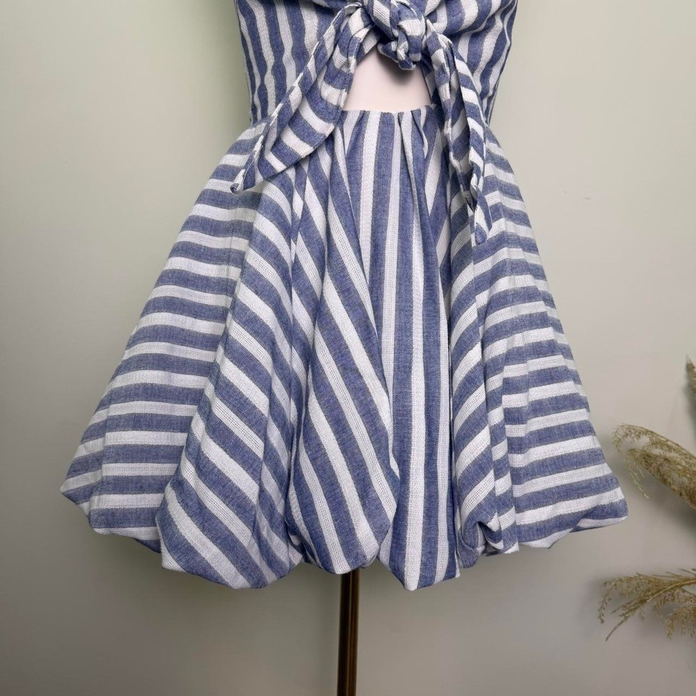 Luxxel S Blue & White Stripe Tie-Front Halter Bubble Mini Dress