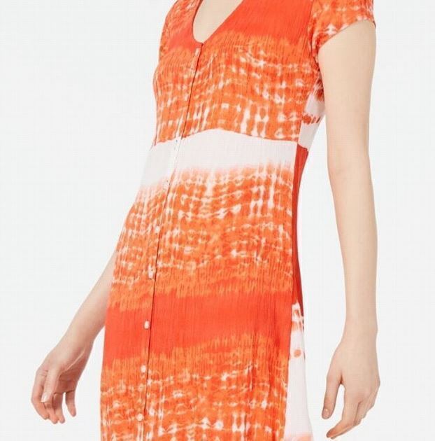 Raga Dress Short Sleeve Tie Dye Button Down Maxi Women Orange Sz L NEW NWT 369