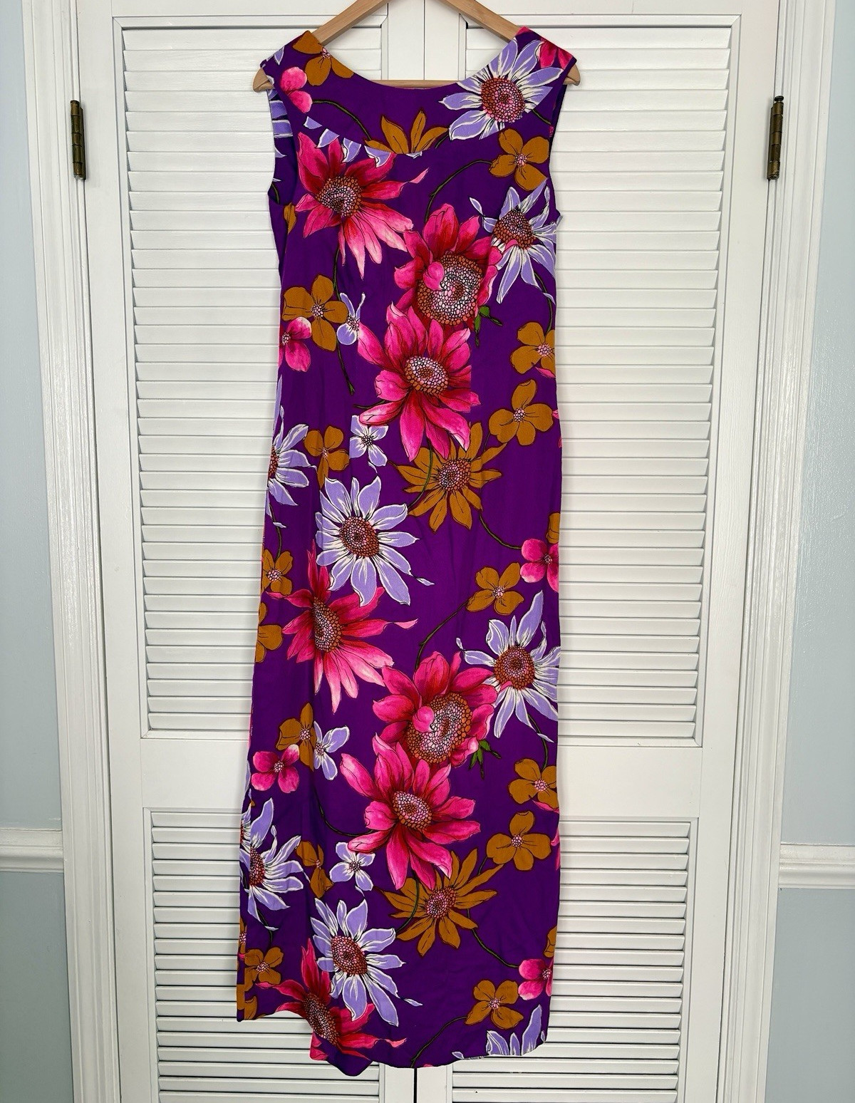 Evelyn Margolis Hawaii Purple Floral Scoop Neck Maxi Dress Zip Women L