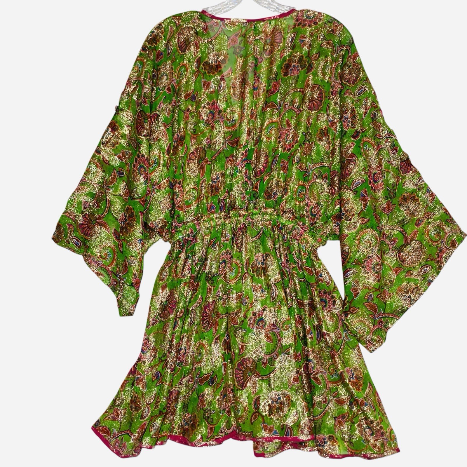 Miss June Paris Mini Dress Tunic Cover Up OS Green Gold Resort Kaftan Tassel