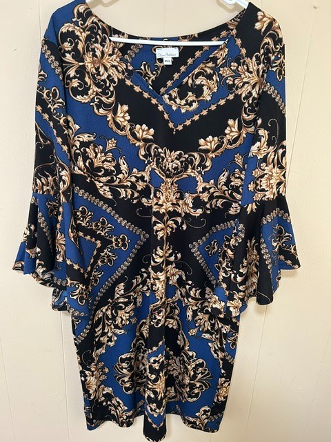 Olivia Matthews Petite XL Baroque Paisley Bell Sleeve Shift Dress Boho Blue Gold