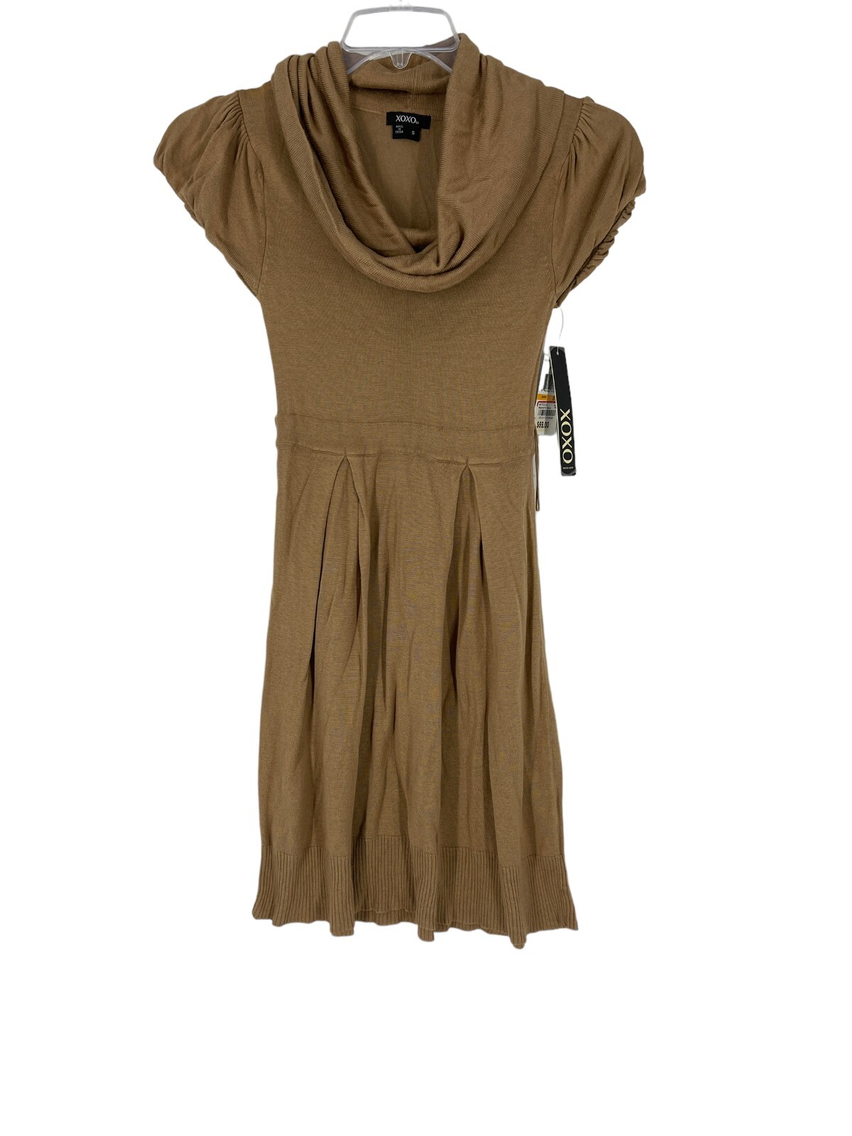 XOXO Camel Brown Knit Dress Soft Semi Sheer Cowl Neck Rayon Small Knee Length