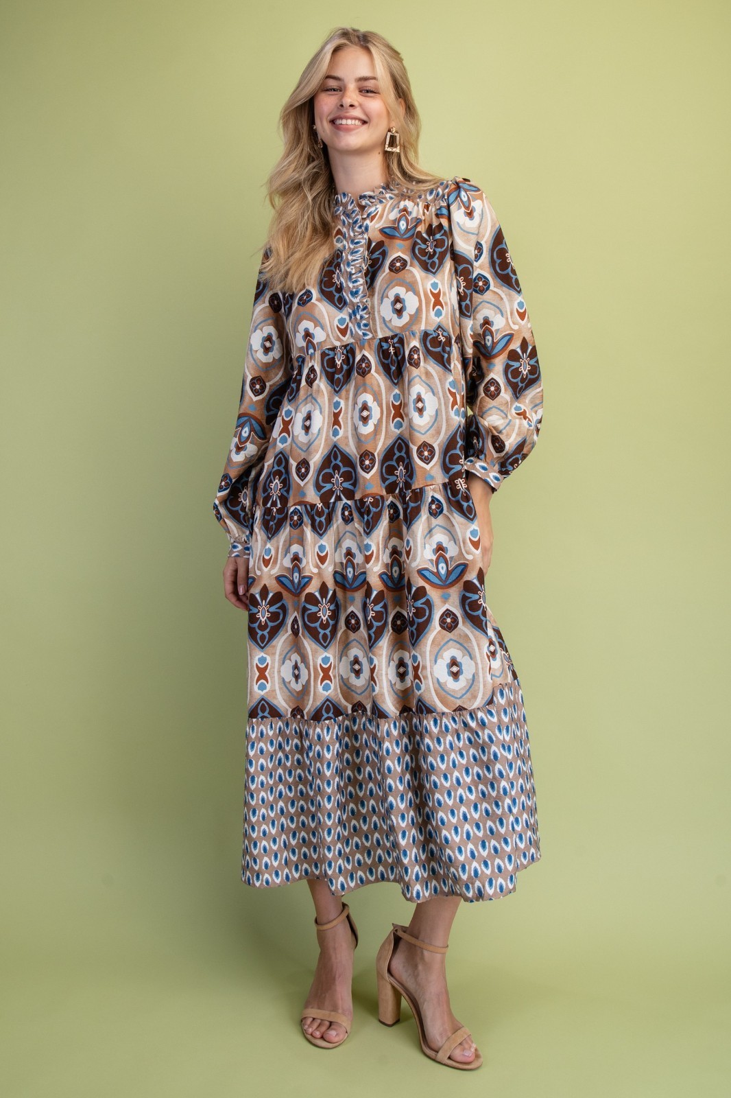 Gigio by Umgee Blue/ Tan Mixed Print Tiered Midi Dress w/ Ruffled Neck & Placket