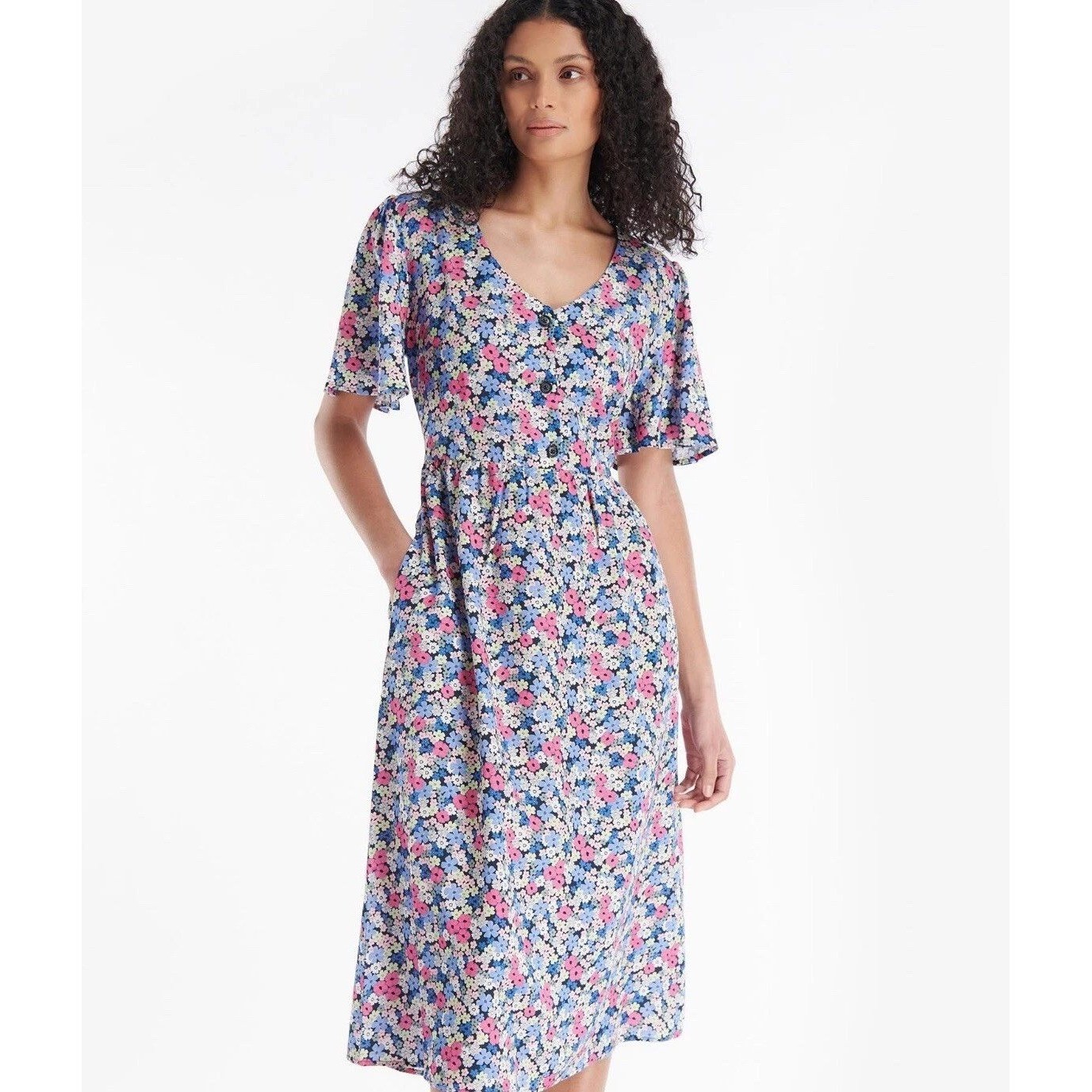 Barbour Dress Womens 6 Multi Color Willowherb Floral Lyocell Midi Short Sleeve