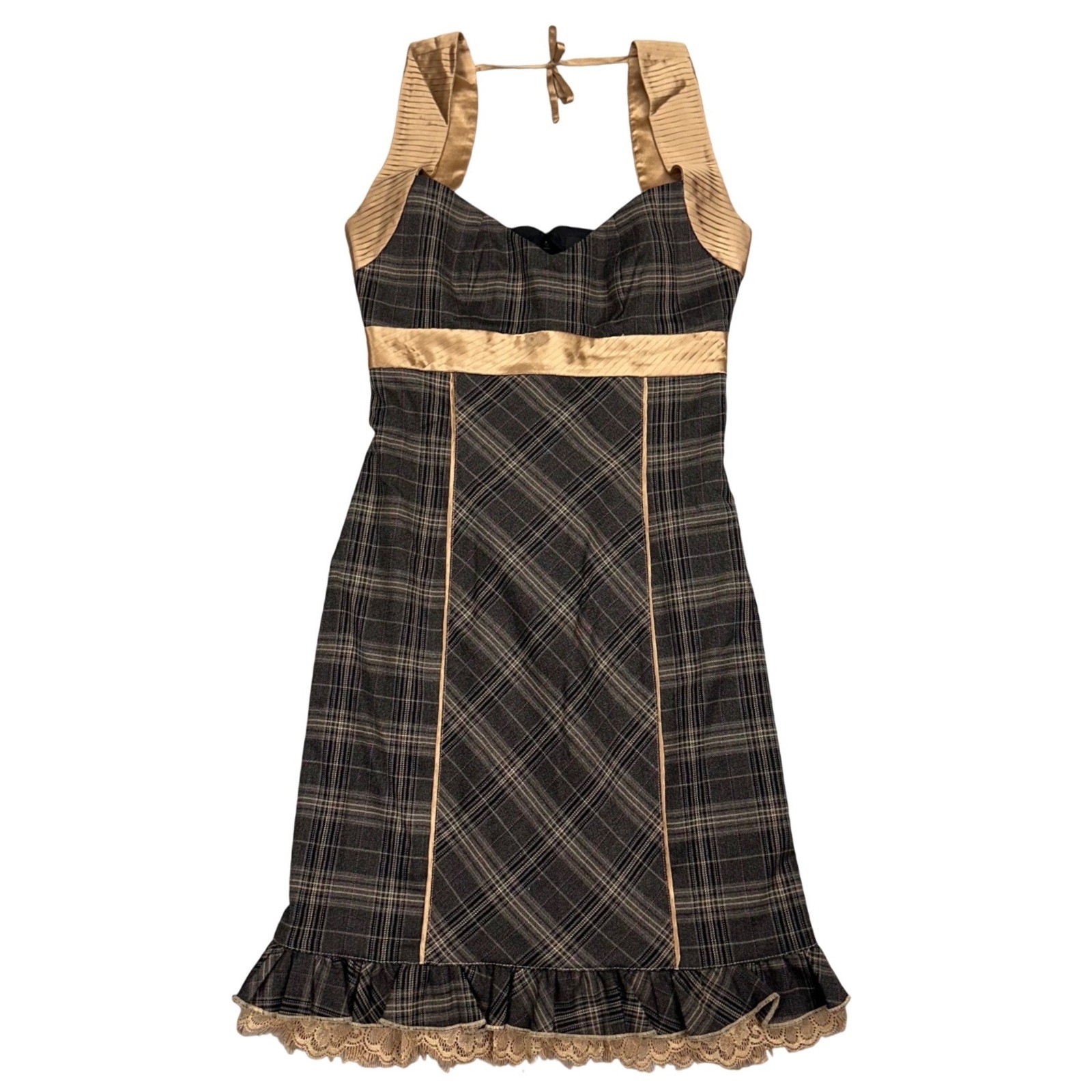 Y2K Bebe Plaid Halter Mini Dress Brown Tan Satin Trim Lace Ruffle Size 0