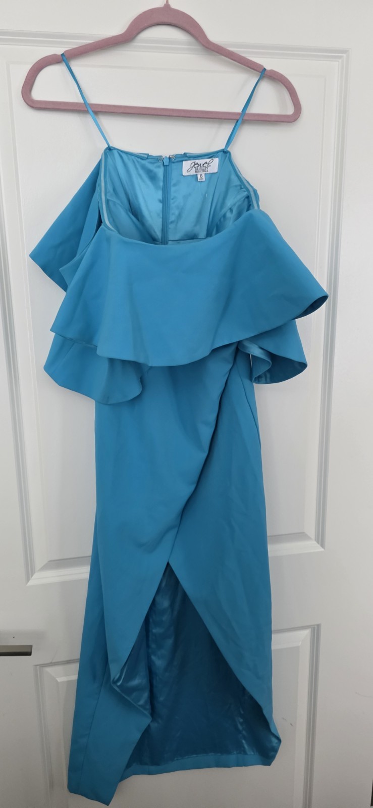Jewel Badgley Mischka Cheery Off Shoulder Popover Gown Slit Wrap Turquoise sz 6