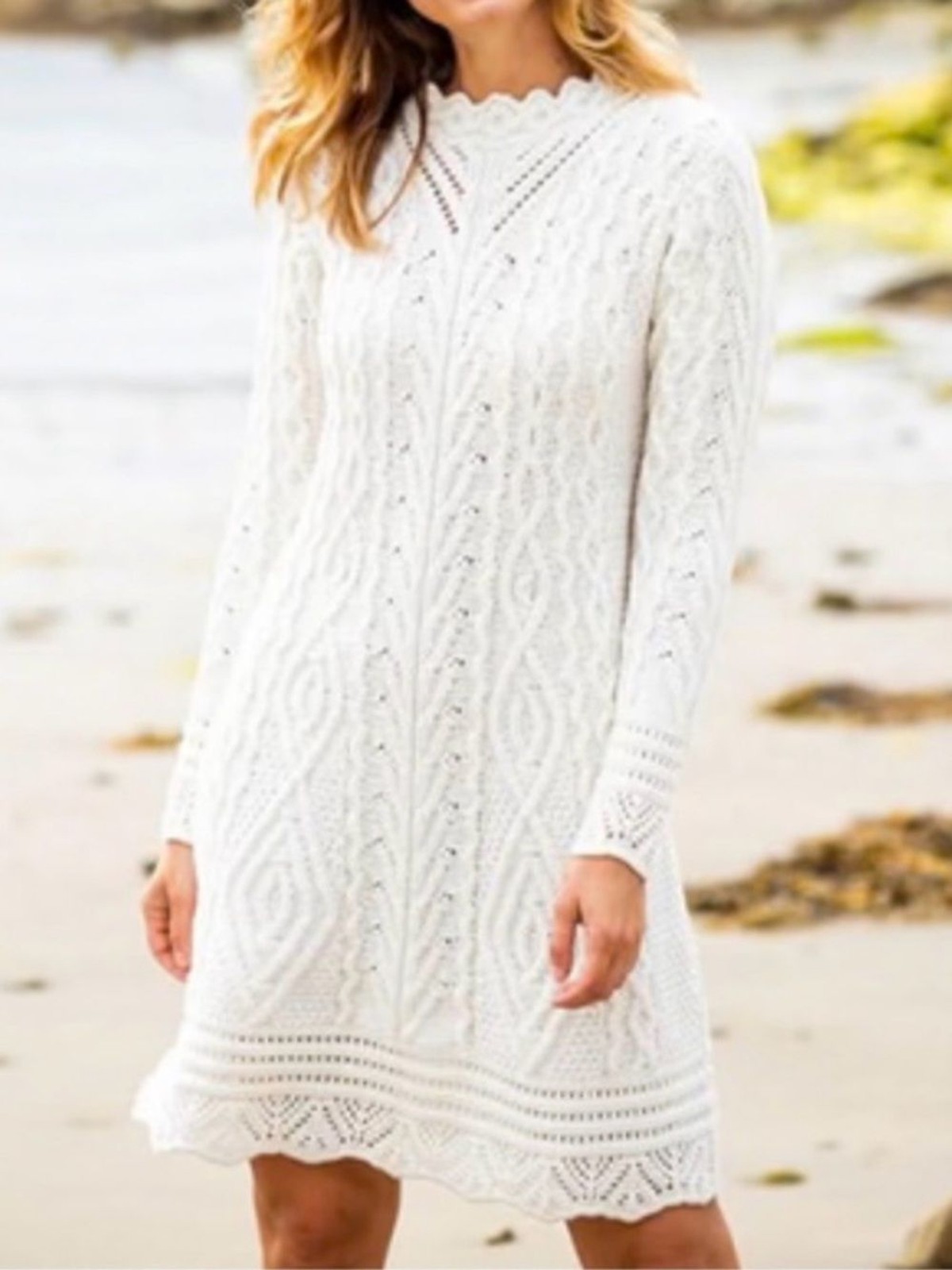The Irish Store Aran Cream Cable-Knit Long Sleeve Dress – 100% Merino Wool NWT